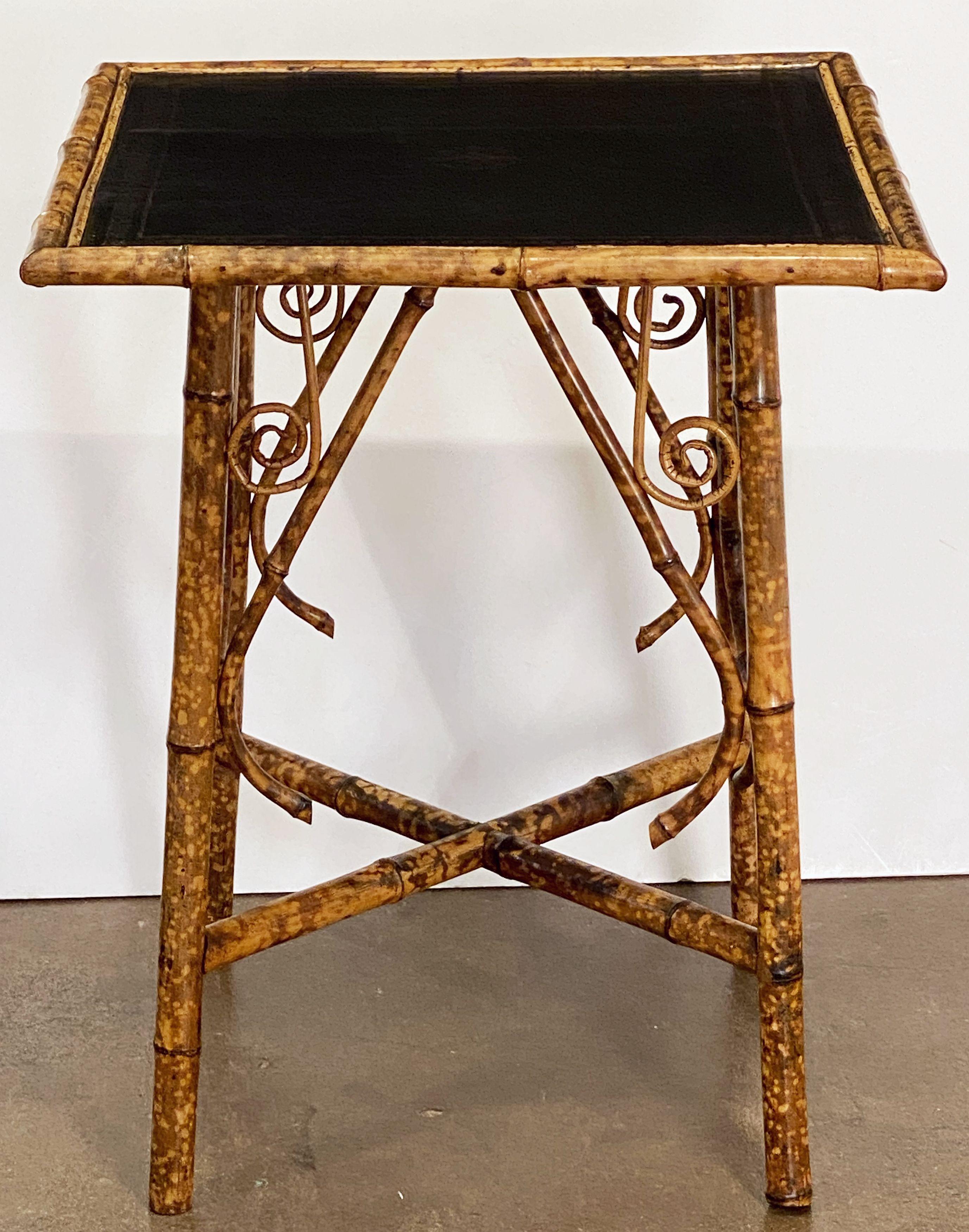 English Bamboo Table with Embossed Leather Square Top In Good Condition In Austin, TX