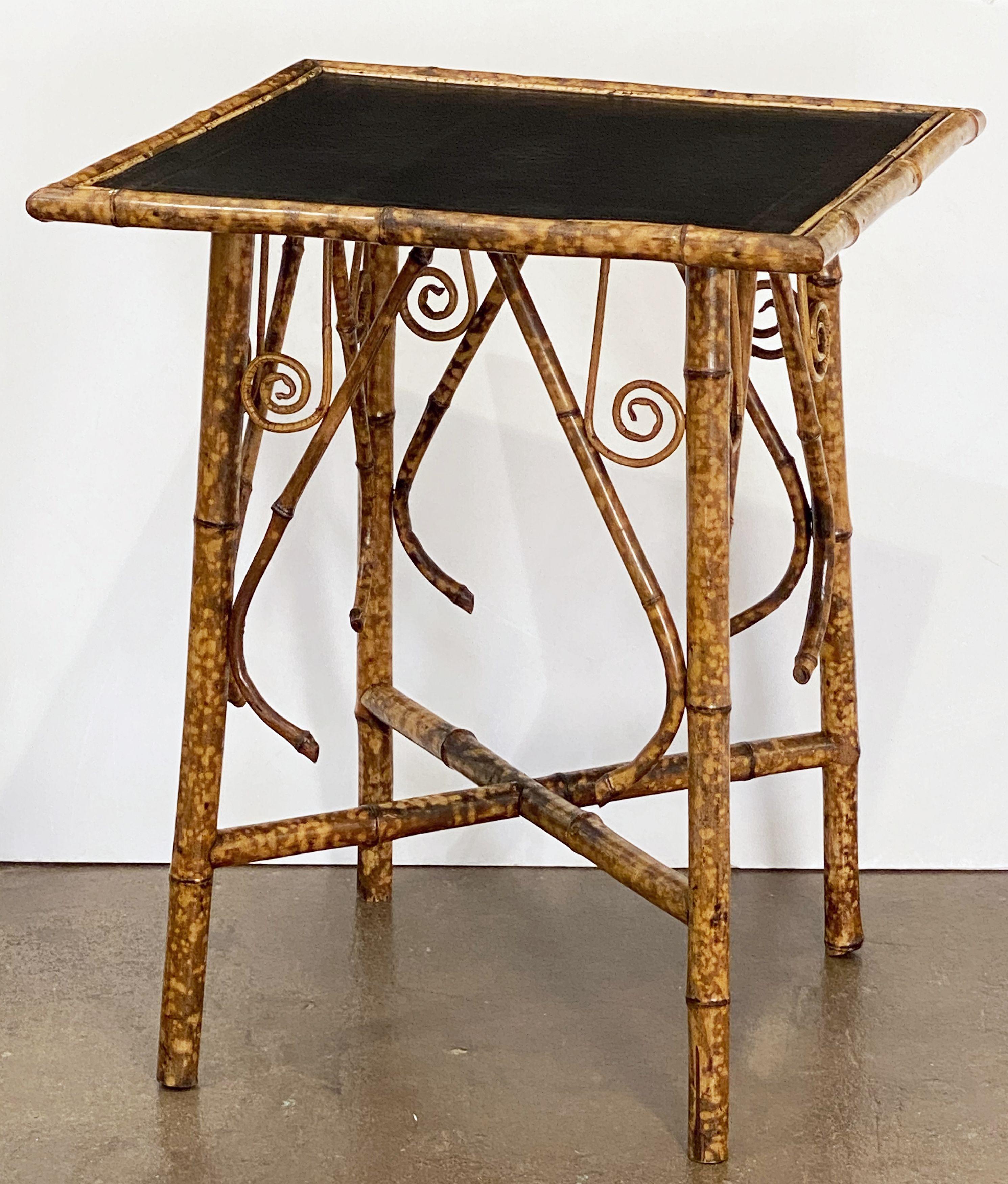 19th Century English Bamboo Table with Embossed Leather Square Top