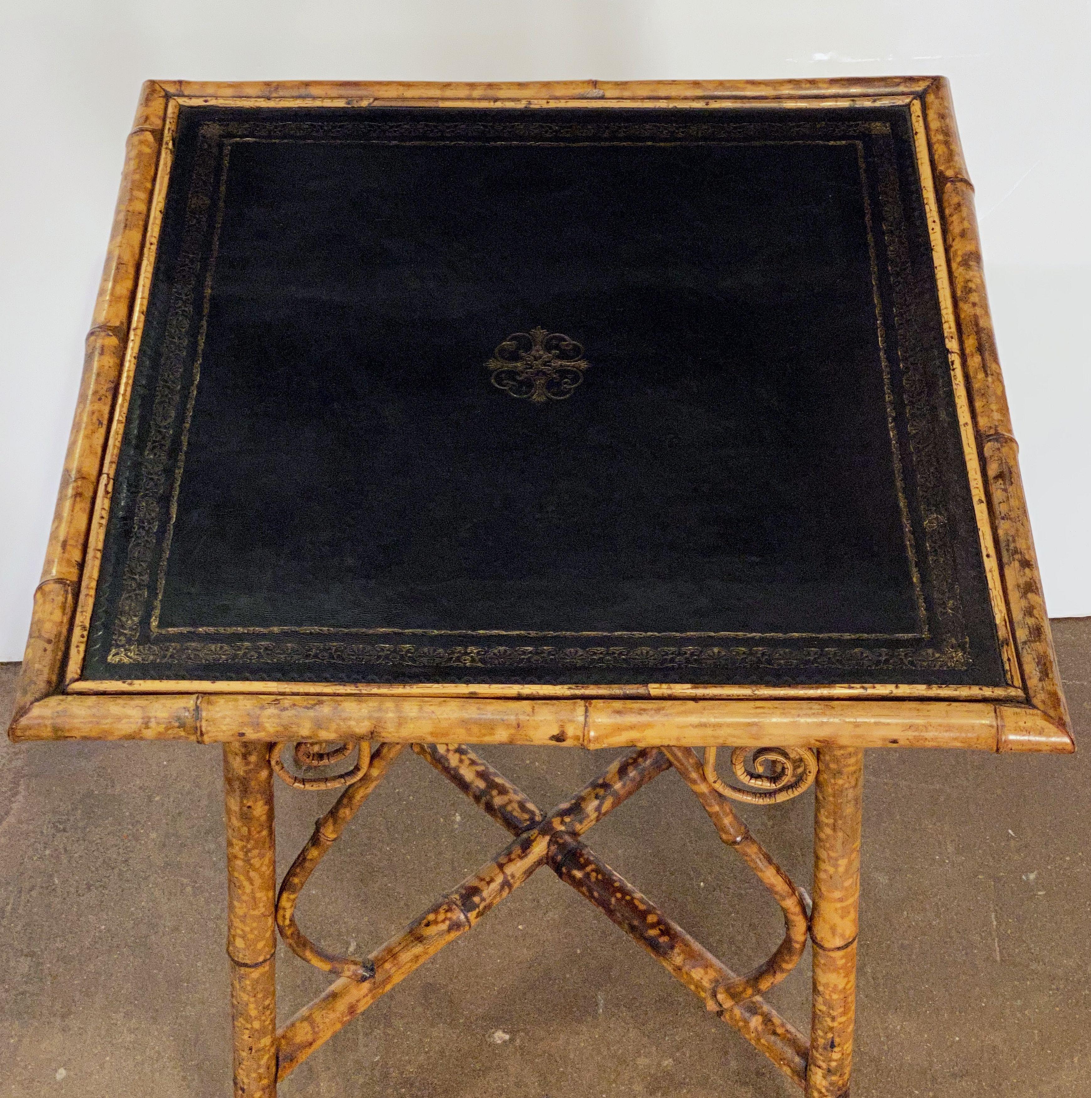 English Bamboo Table with Embossed Leather Square Top 1