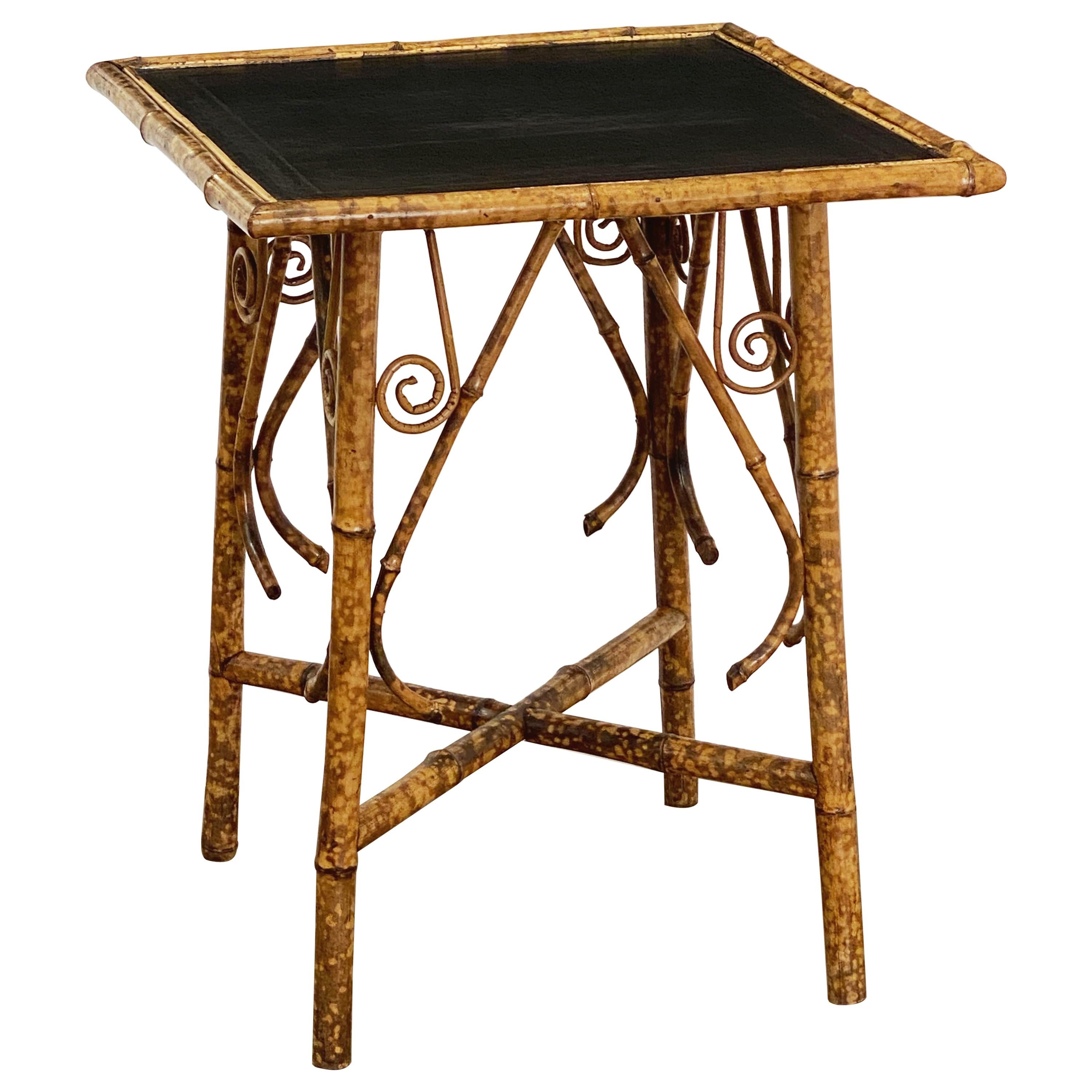 English Bamboo Table with Embossed Leather Square Top