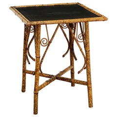 Antique English Bamboo Table with Embossed Leather Square Top