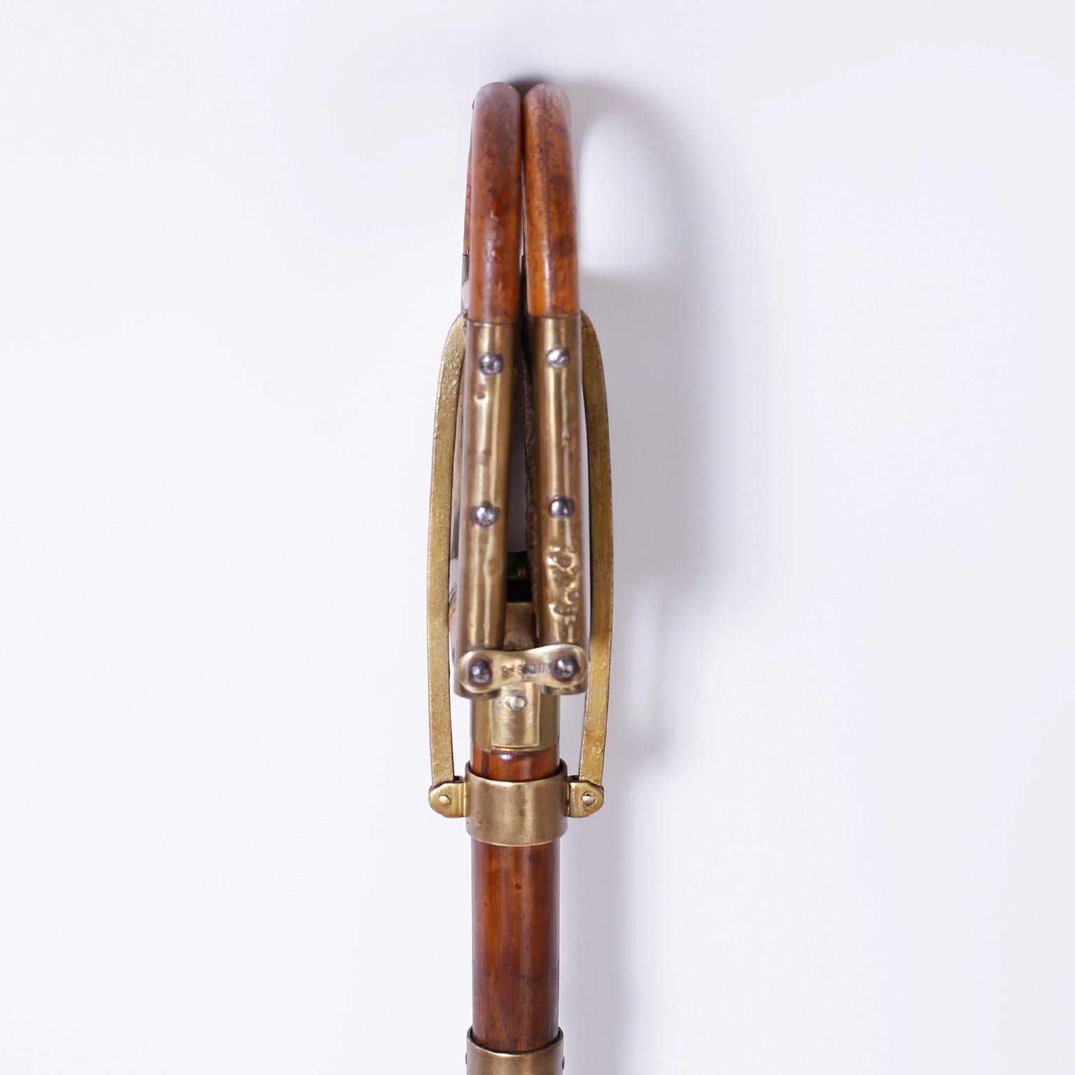 Brass English Bamboo Walking Stick with Seat or Hunting Seat