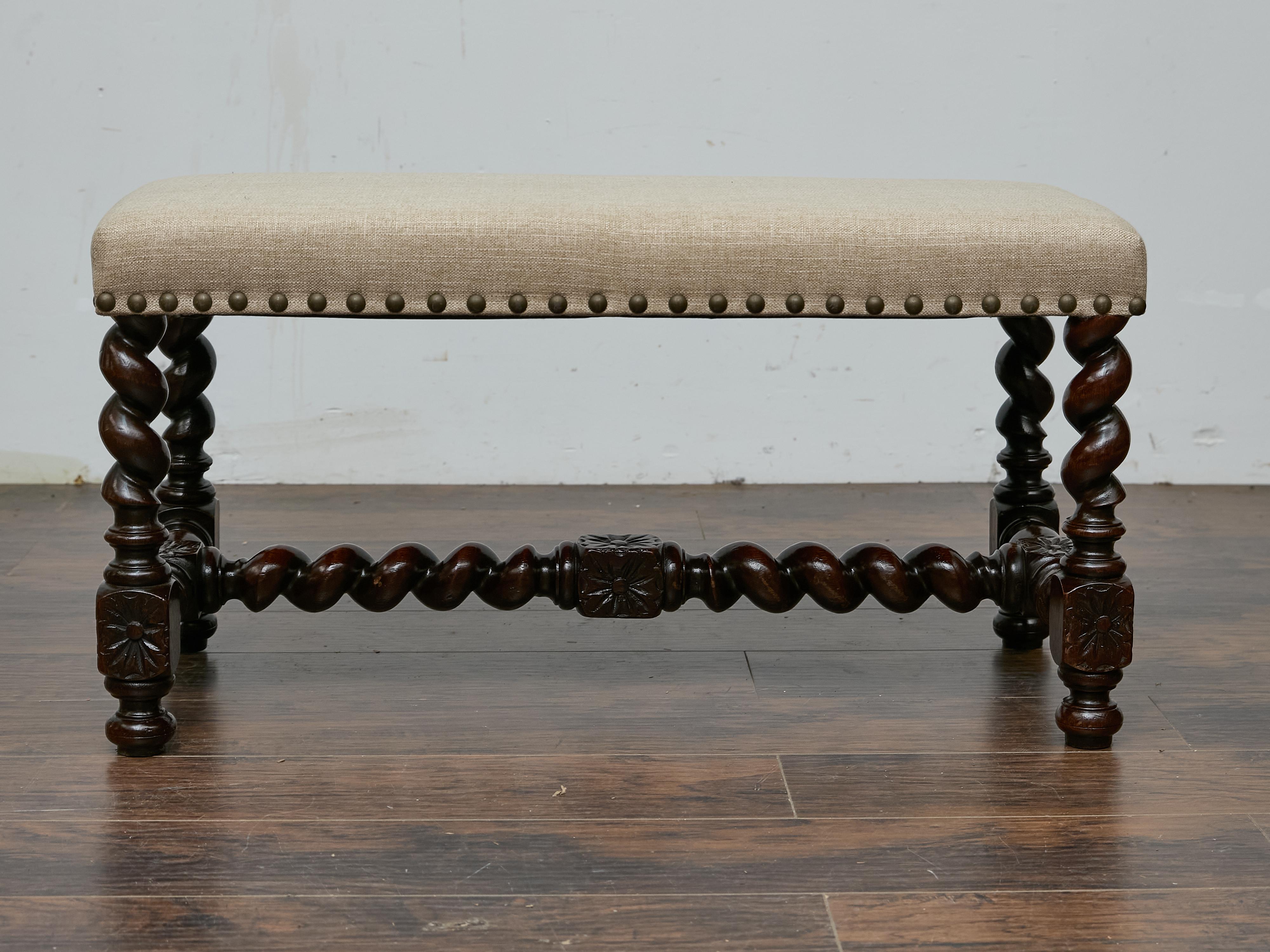 Englische Barley Twist Bank mit gepolstertem Sitz, um 1900 im Angebot 3