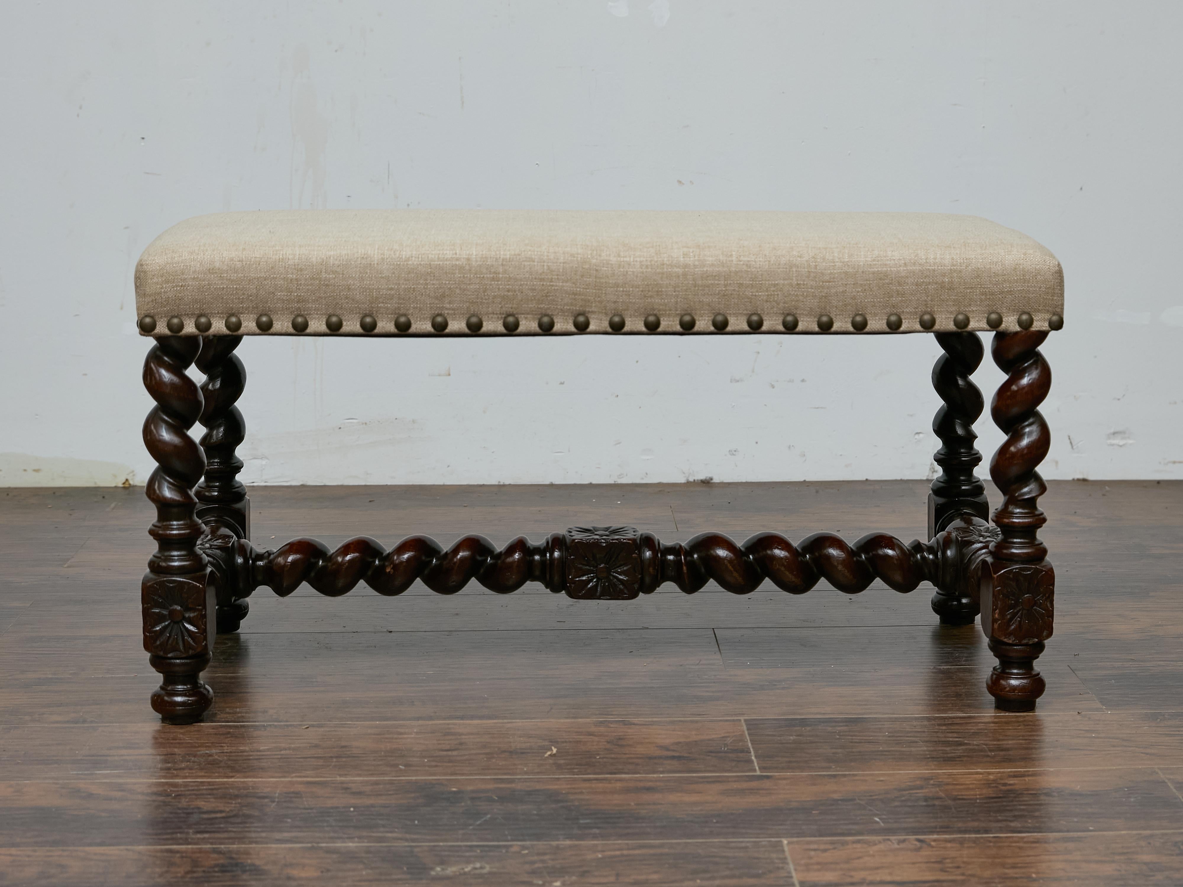 Englische Barley Twist Bank mit gepolstertem Sitz, um 1900 im Angebot 4