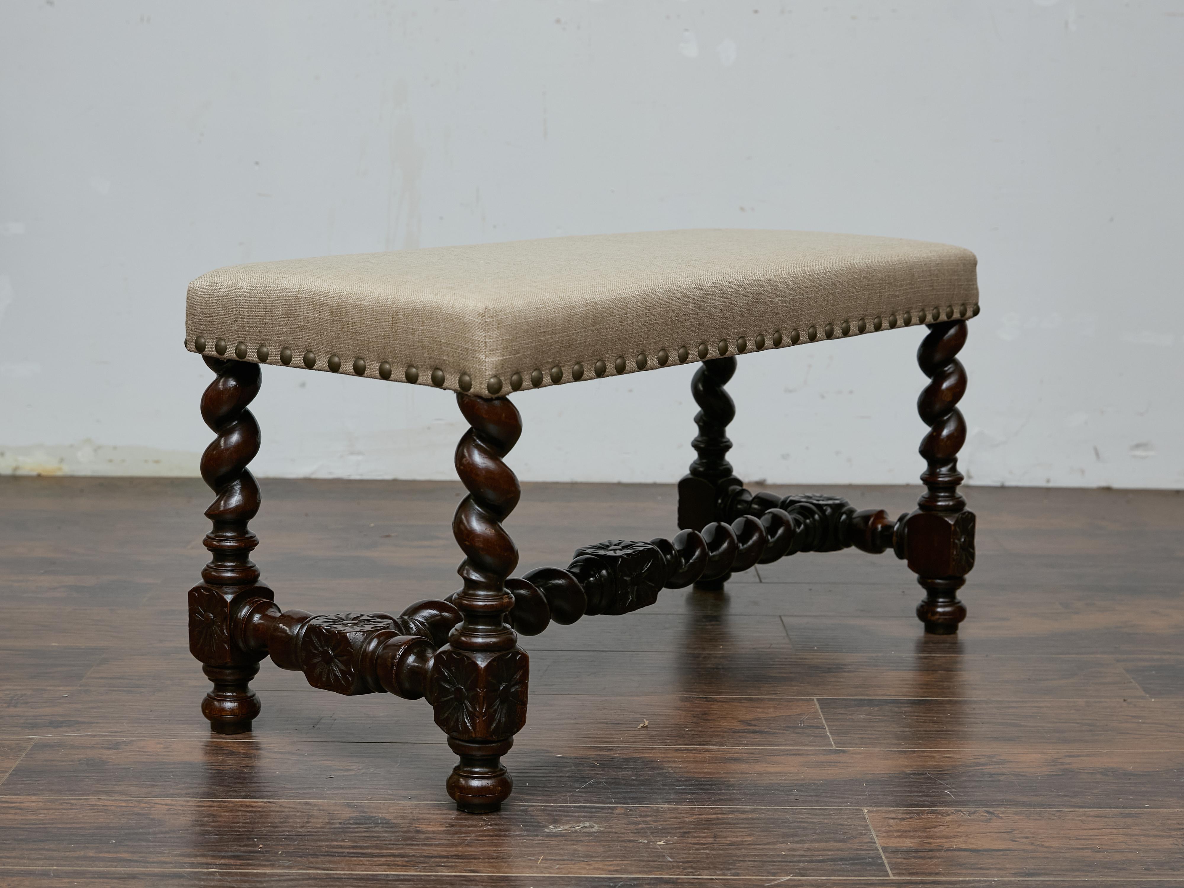 Englische Barley Twist Bank mit gepolstertem Sitz, um 1900 (Gedrechselt) im Angebot