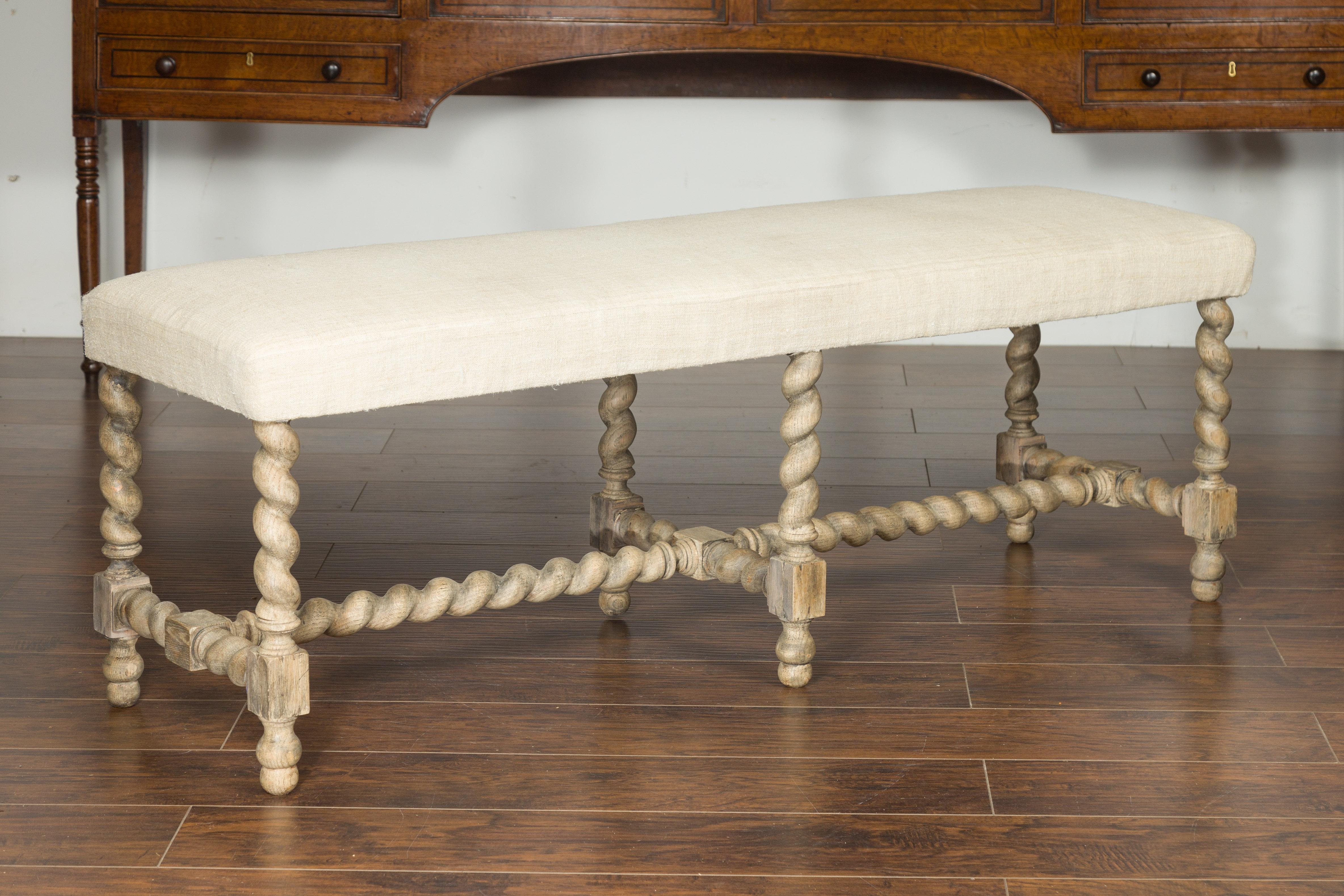 English Barley Twist Bleached Wood Bench circa 1880, with New Upholstery 6