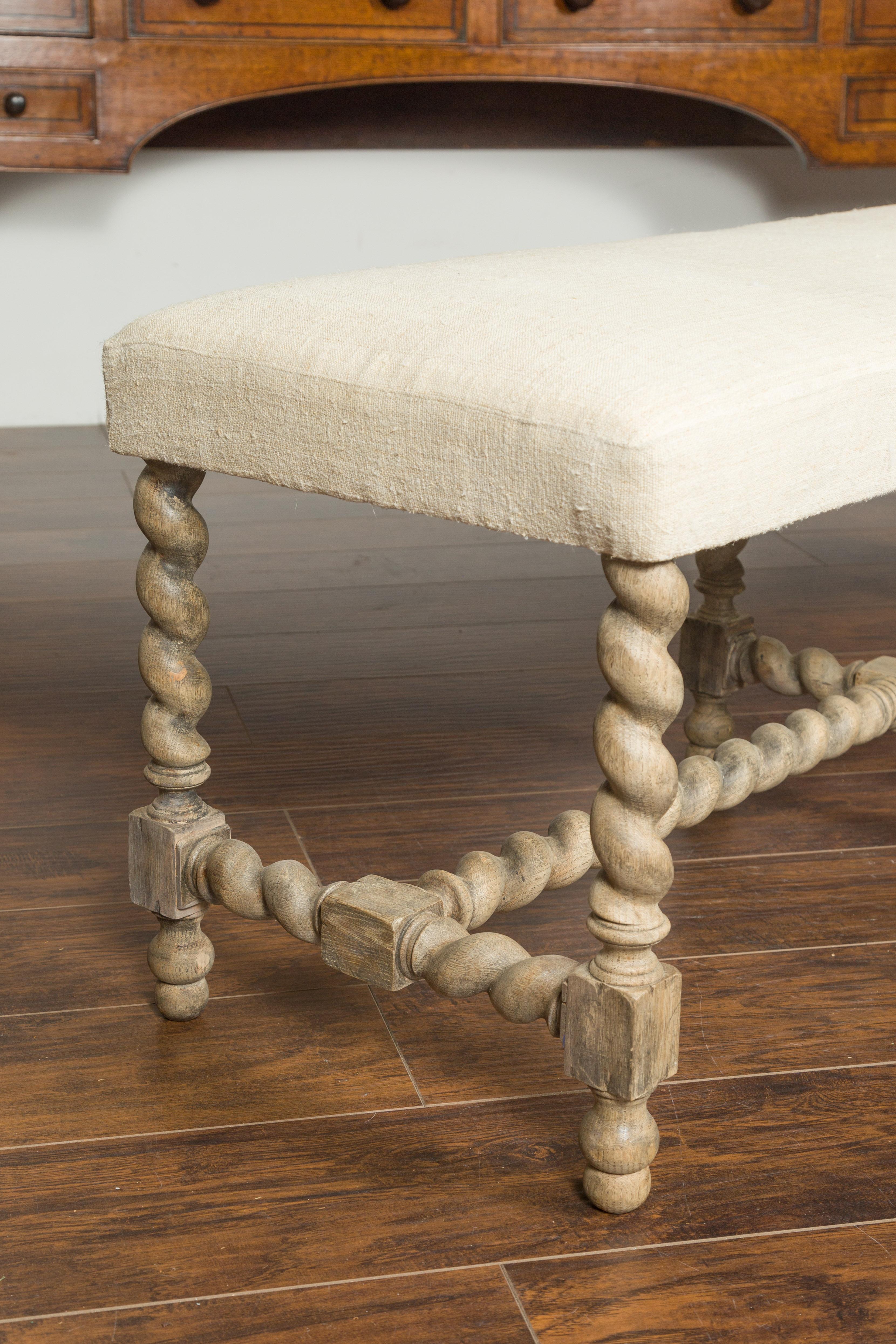 English Barley Twist Bleached Wood Bench circa 1880, with New Upholstery 7