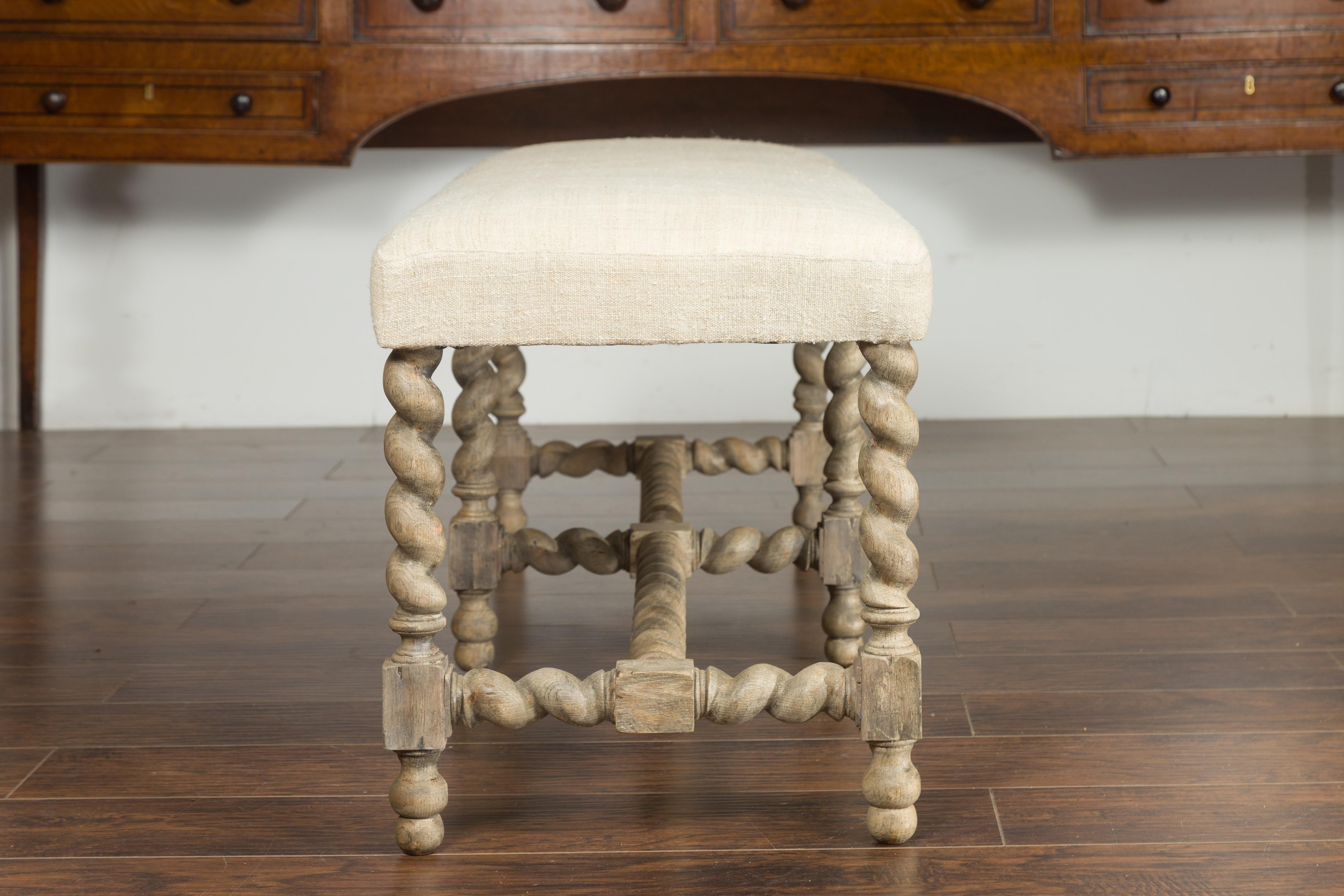 English Barley Twist Bleached Wood Bench circa 1880, with New Upholstery 9