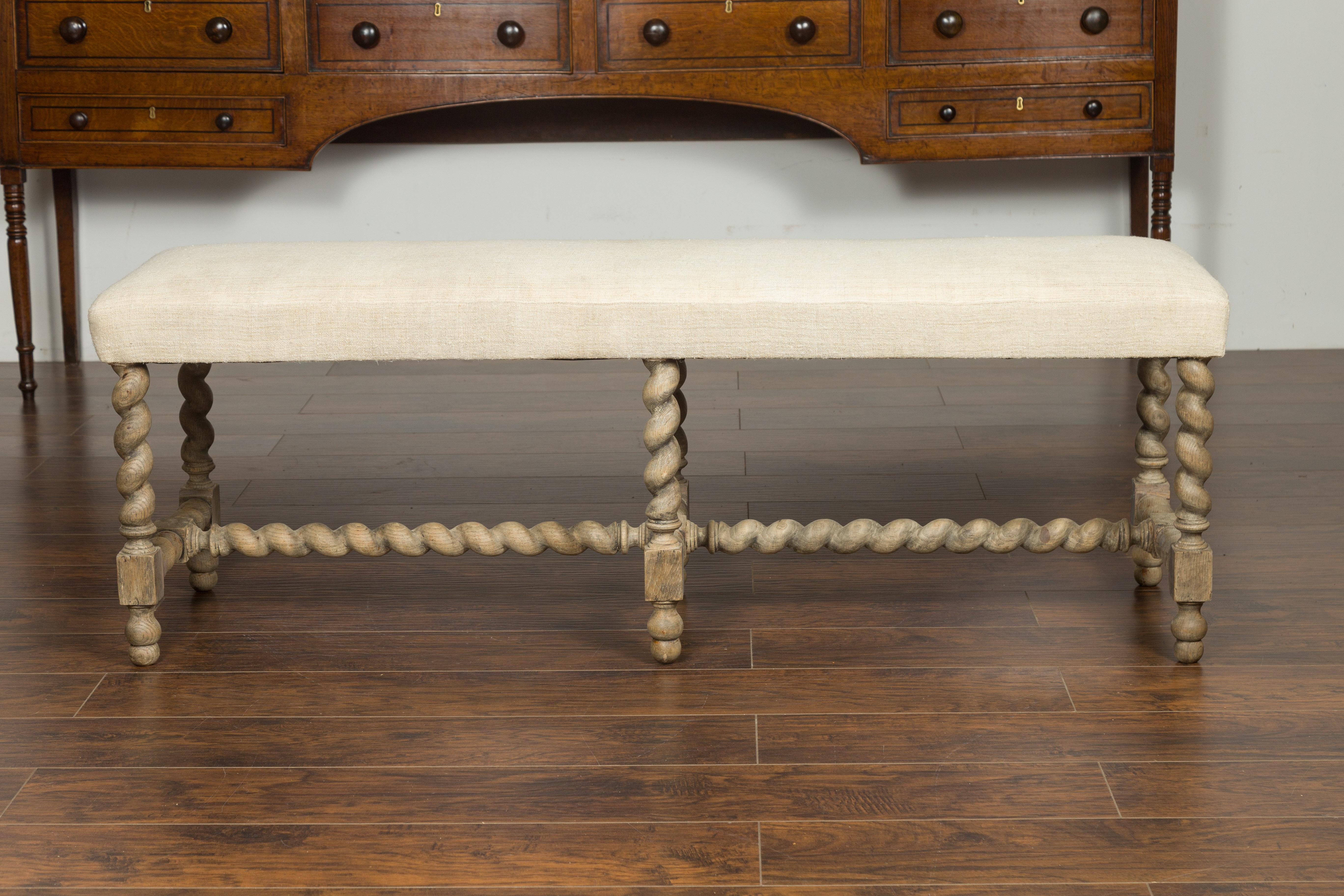 English Barley Twist Bleached Wood Bench circa 1880, with New Upholstery 10