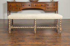 English Barley Twist Bleached Wood Bench circa 1880, with New Upholstery
