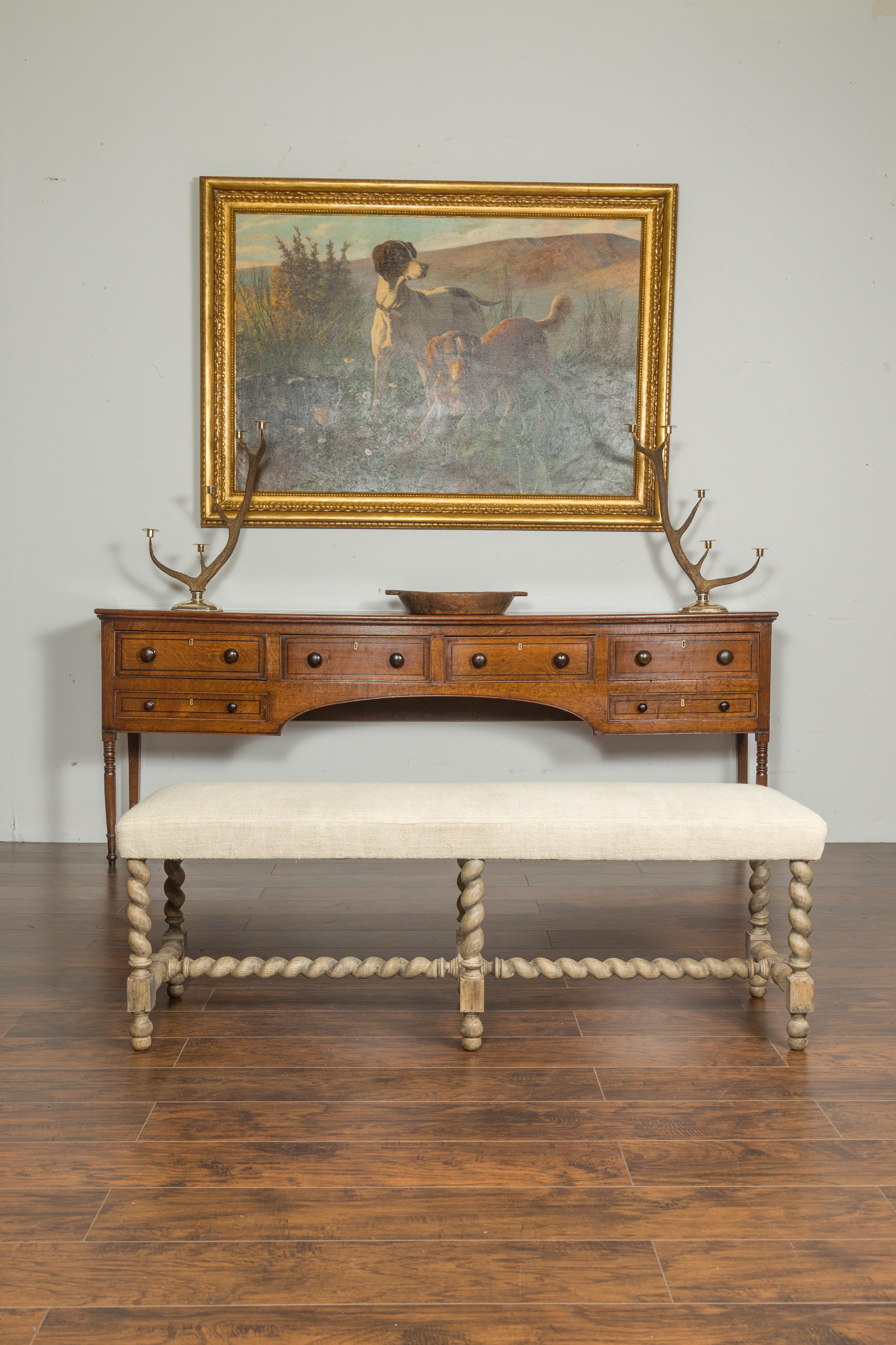 English Barley Twist Bleached Wood Bench circa 1880, with New Upholstery In Good Condition In Atlanta, GA