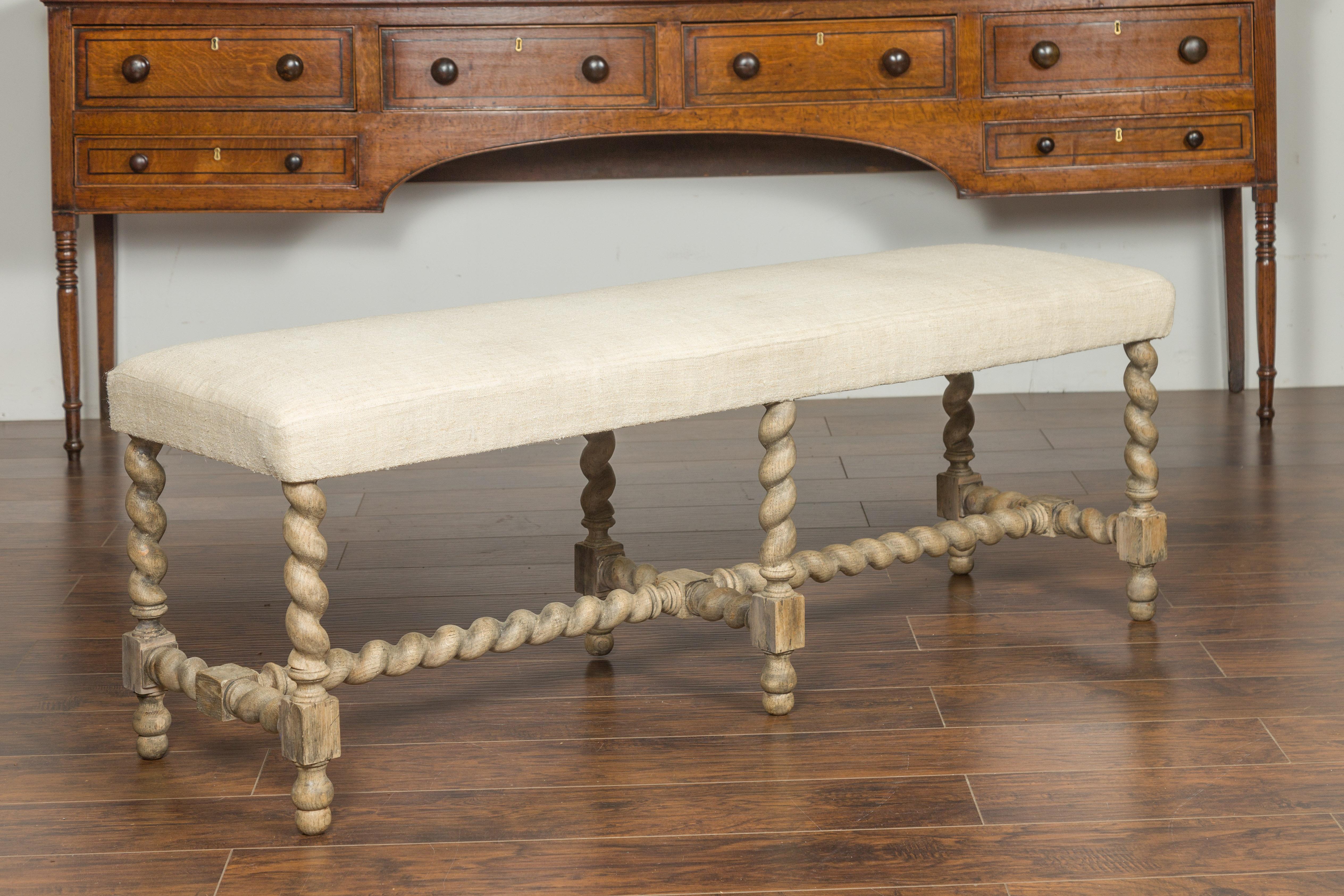 English Barley Twist Bleached Wood Bench circa 1880, with New Upholstery 5