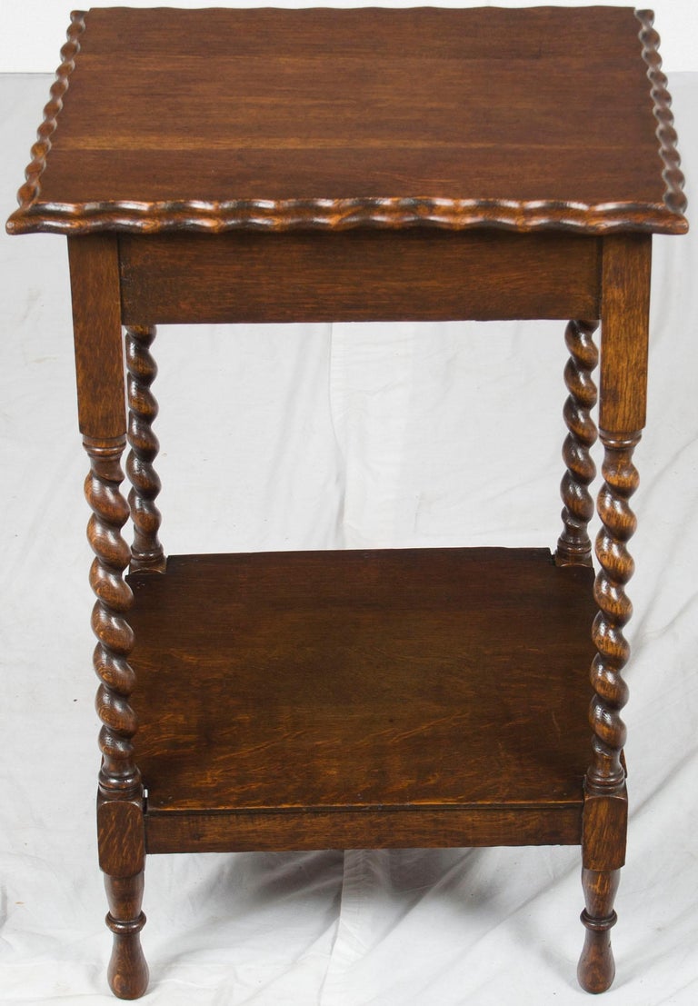 English Barley Twist Leg Scalloped Top Oak Side End Lamp Table For Sale