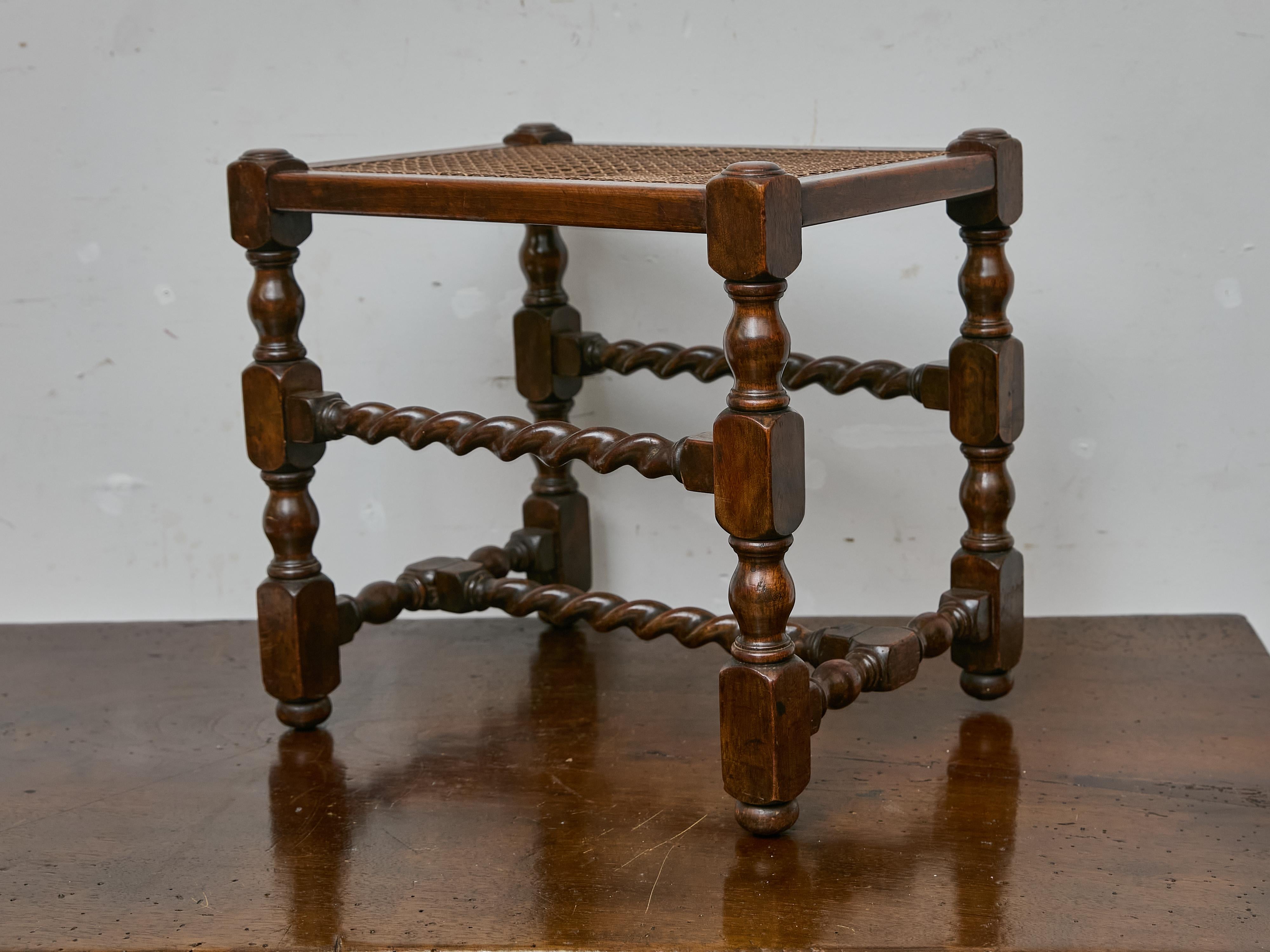 William and Mary English Barley Twist Oak Stool with Caned Seat and Turned Legs, circa 1920 For Sale
