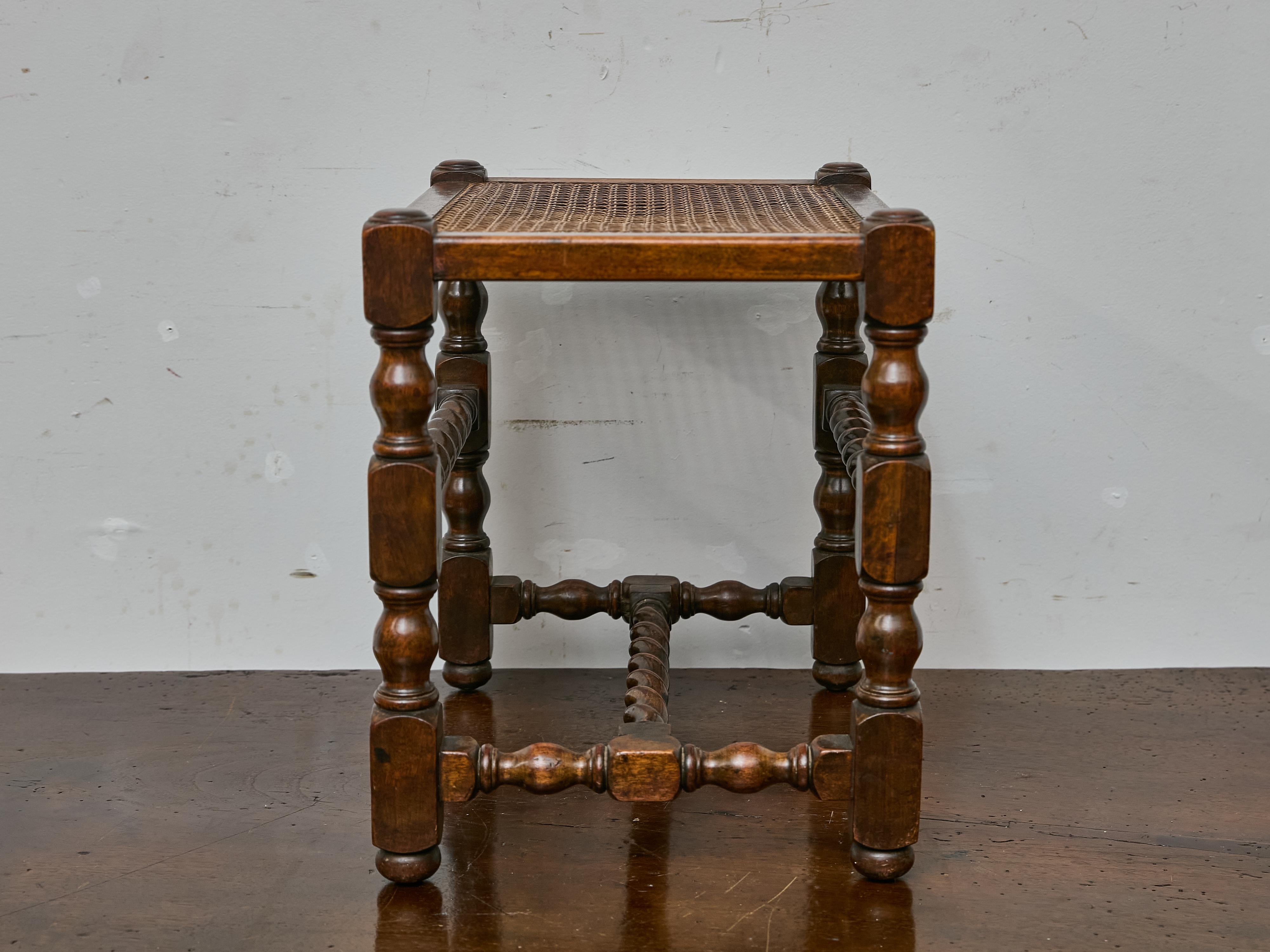 English Barley Twist Oak Stool with Caned Seat and Turned Legs, circa 1920 In Good Condition For Sale In Atlanta, GA
