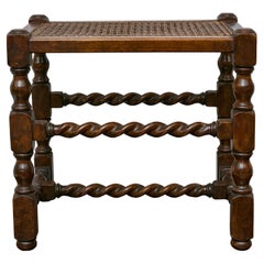 English Barley Twist Oak Stool with Caned Seat and Turned Legs, circa 1920