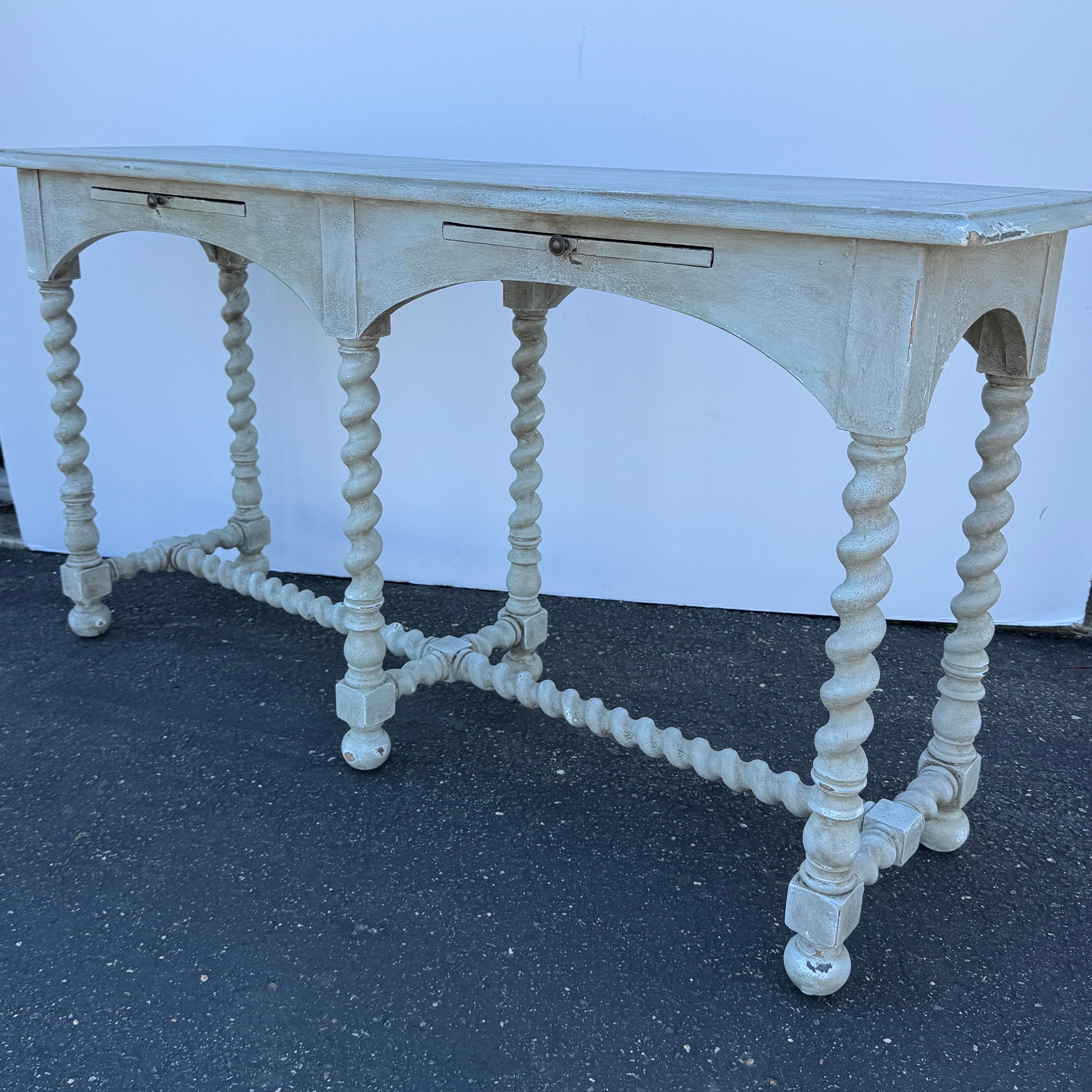 Hand-Carved English Barley Twist Wood Painted Console Table For Sale