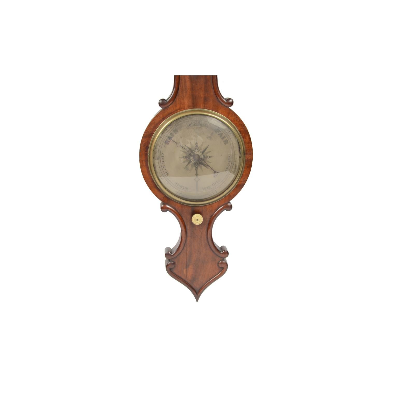 English barometer with thermometer signed P. Guarnerio Huntingdon 1840. Mounted on a wooden plank elegantly carved. Very good condition and in order. Measures: Height 101 cm.