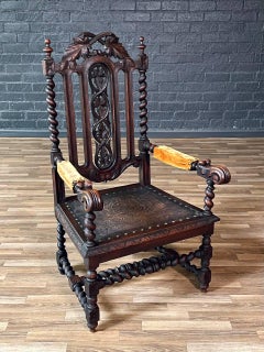 English Baroque Oak & Tooled Leather Armchair w/ Barley Twist Legs