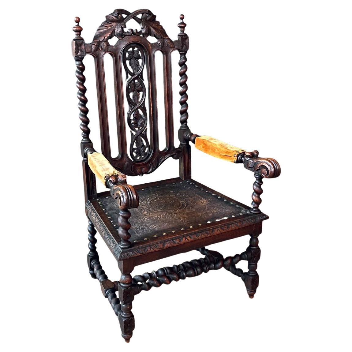 Fauteuil baroque anglais en chêne et cuir toilé avec pieds torsadés en orge en vente