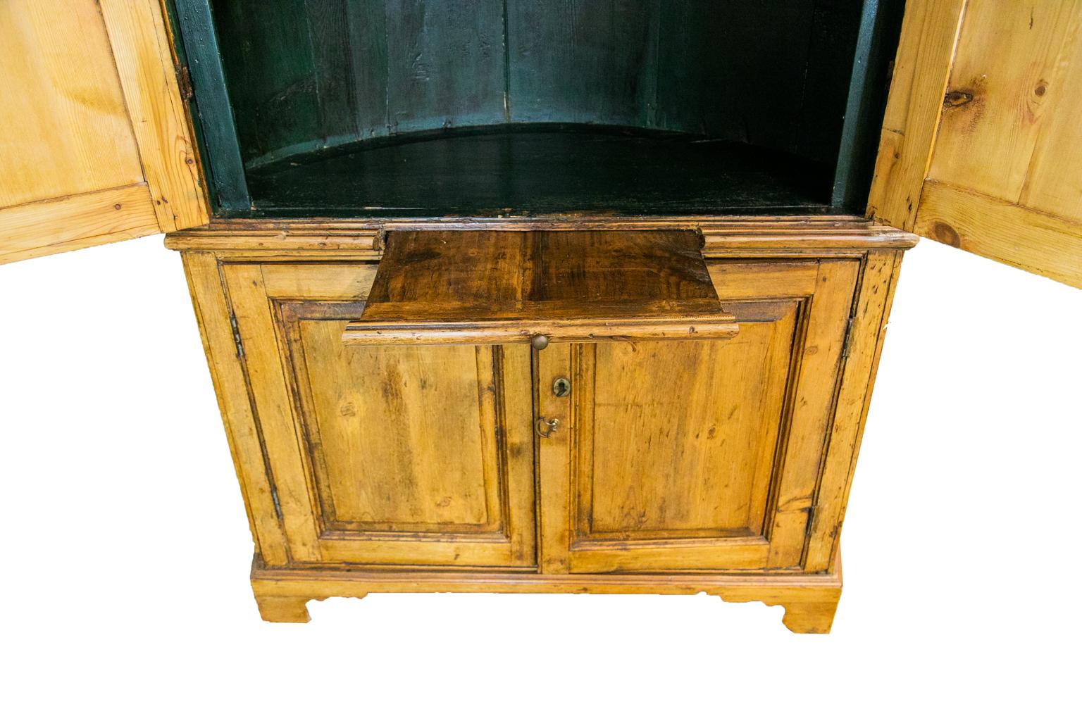 Brass English Barrel Back Pine Corner Cupboard For Sale