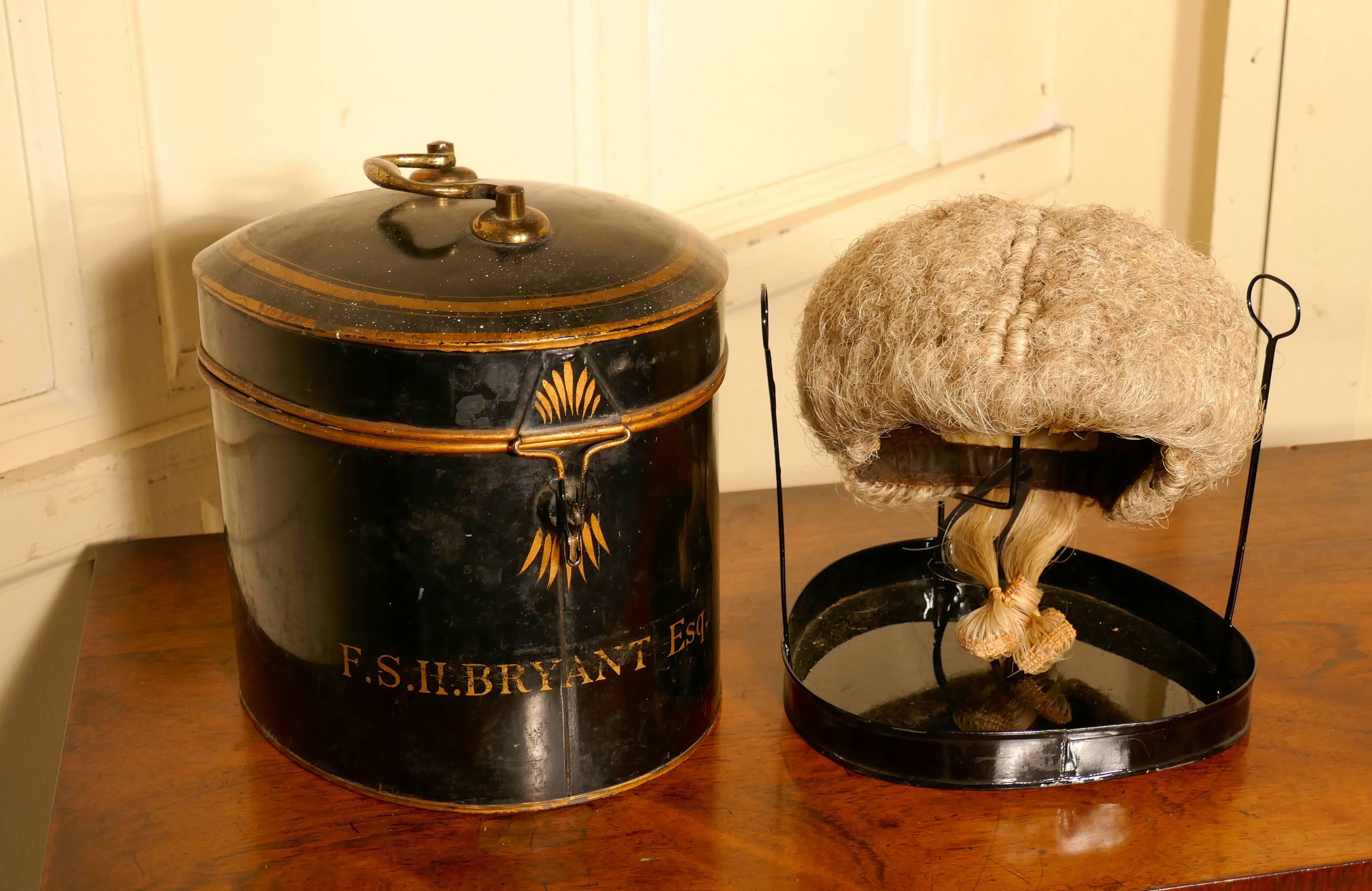 English Barrister's Bench Wig in Original Tole Box with Riser by Ravenscroft Law 1