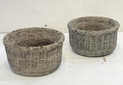 English Basket-Weave Style Garden Stone Round Planter Pots - Two Available