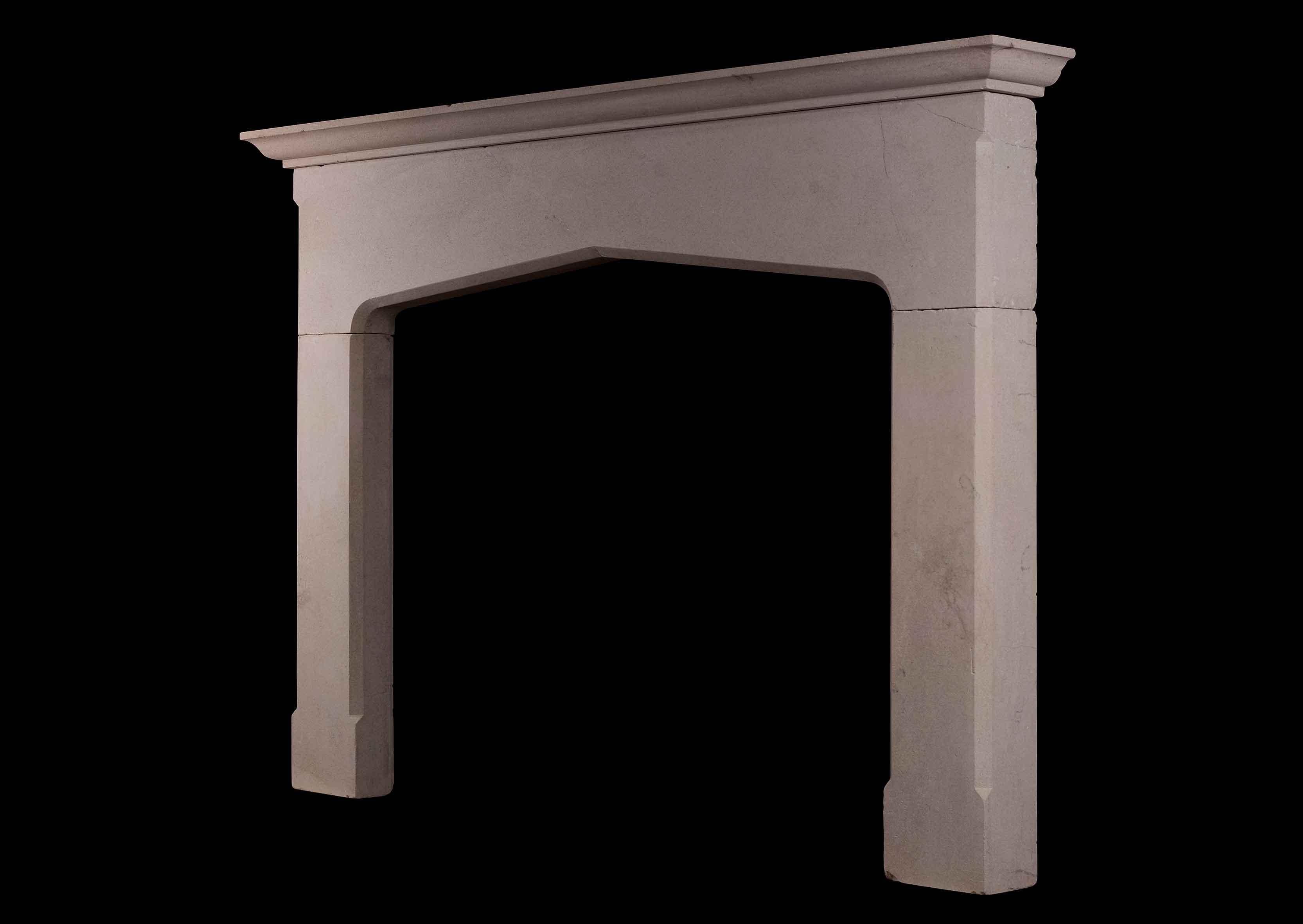 A large English Bath stone fireplace in the Gothic style, with arched opening and moulded shelf. Modern.

Measures: Shelf Width: 1850 mm 72 ?