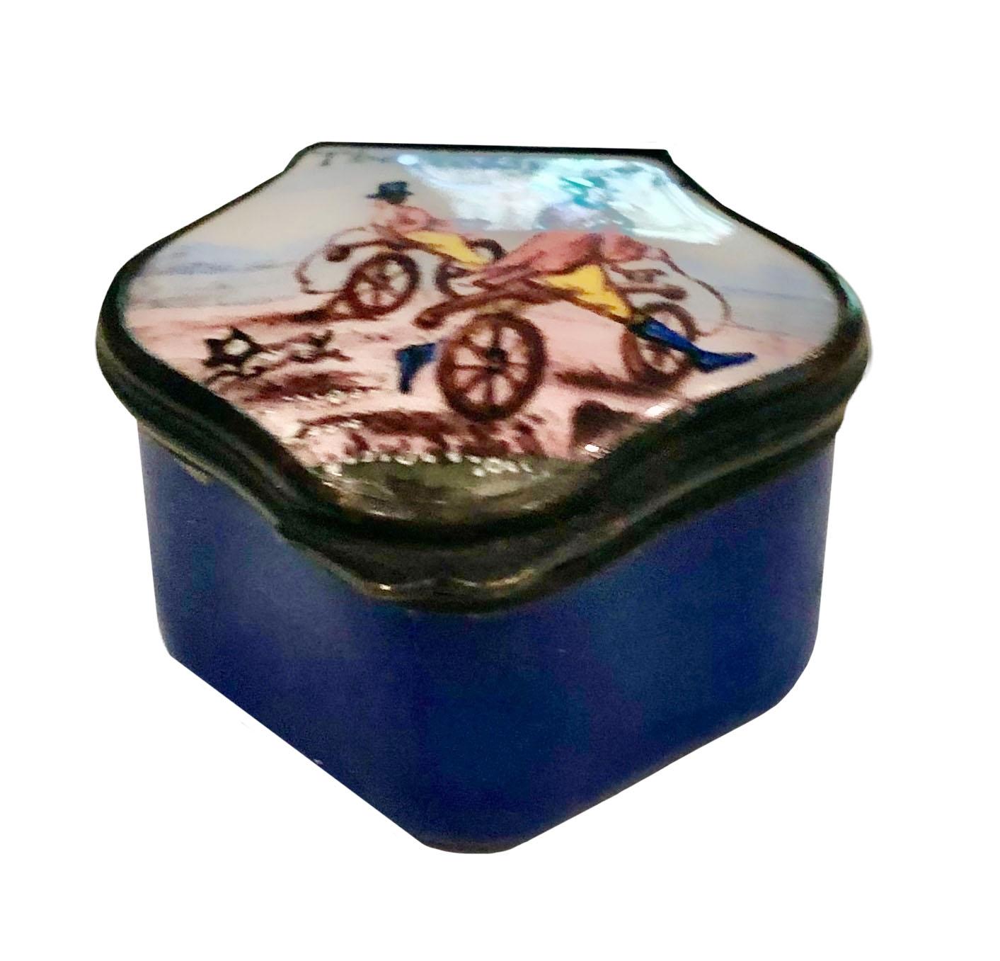 Enamel English Battersea Box Depicting Gentlemen on Hobbyhorses For Sale