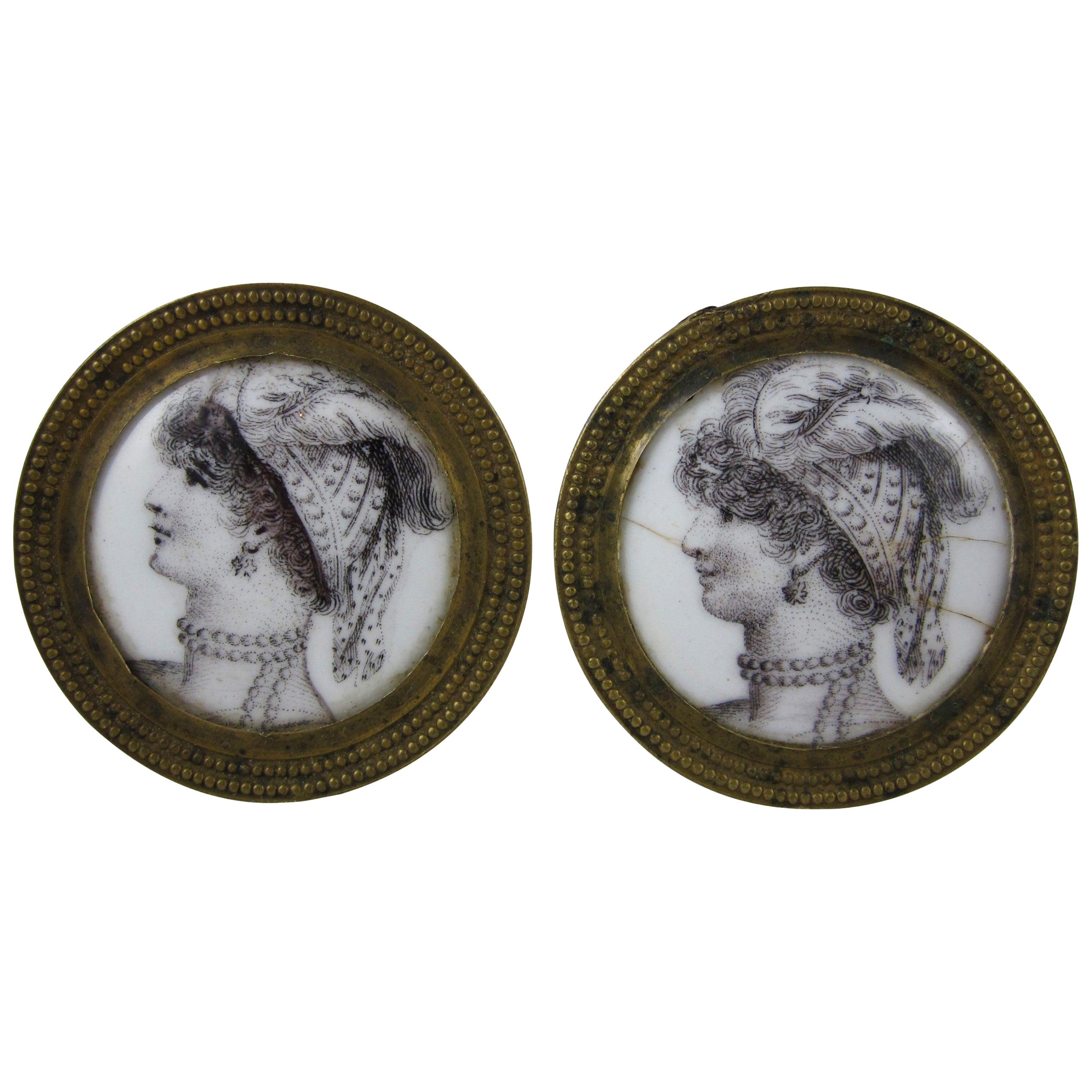 English Battersea Enamel Womans Portrait Tiebacks Mirror, Picture Supports, S/2