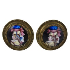 English Battersea Enamel Womans Portrait Tiebacks or Mirror Picture Hangers S/2