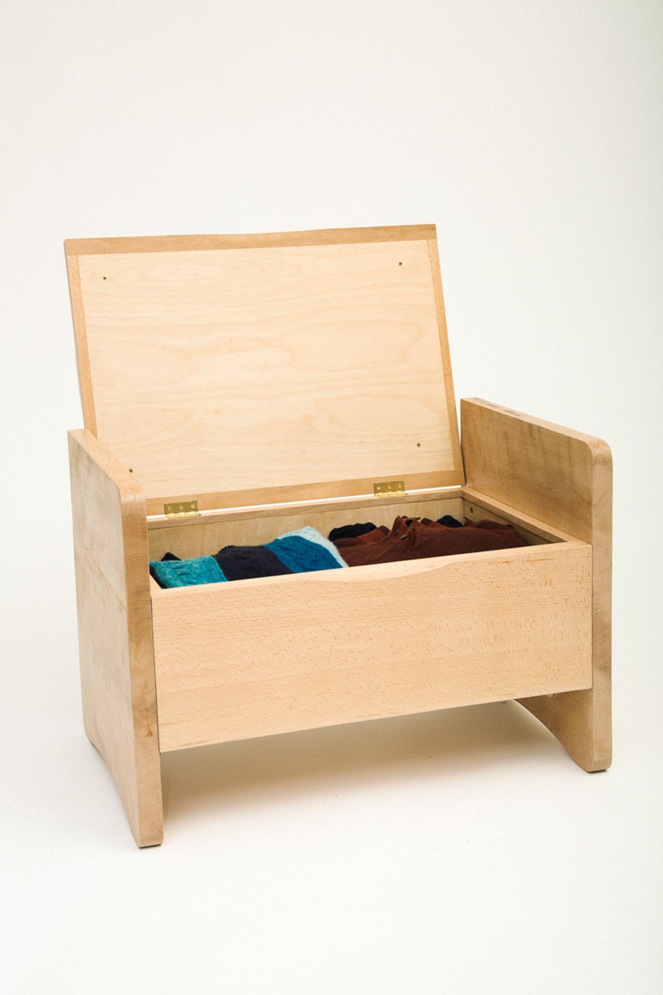 Cassapanca per coperte e contenitori in legno massiccio di Beeche con una comodissima seduta imbottita in Wood.
Realizzato a mano a Manchester, in Inghilterra, dal pluripremiato designer e mkaer Gareth 'Goldfinch' Brookes utilizzando un faggio molto