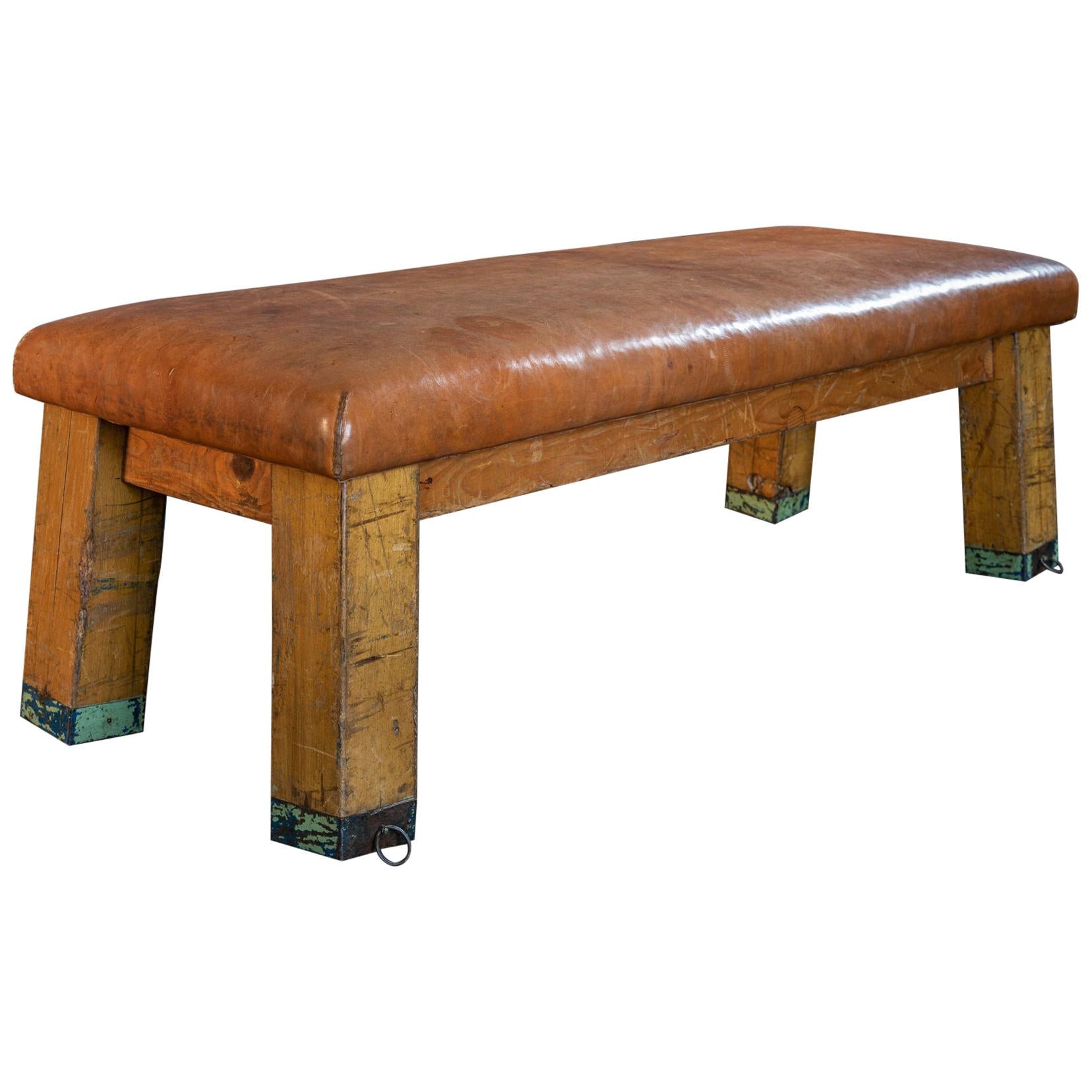 English Beech Vaulting Bench/Coffee Table in Cognac Leather, Early 20th Century