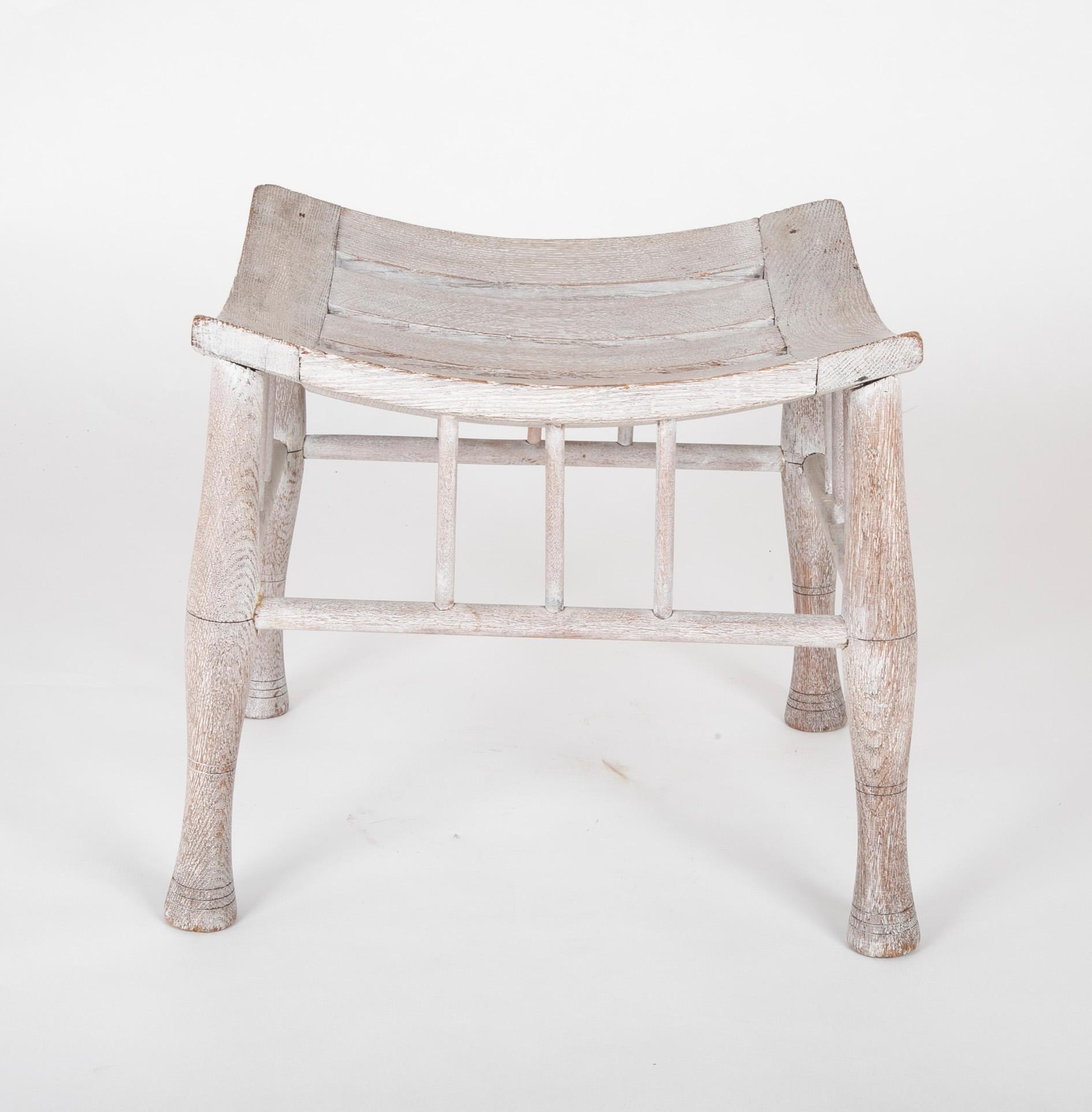 Hand-Carved English Beech Wood Thebes Stool with Cerused Finish