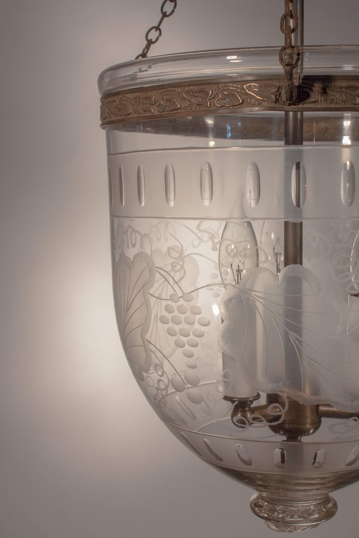 Victorian Antique Bell Jar Lantern with Etched Leaf Motif