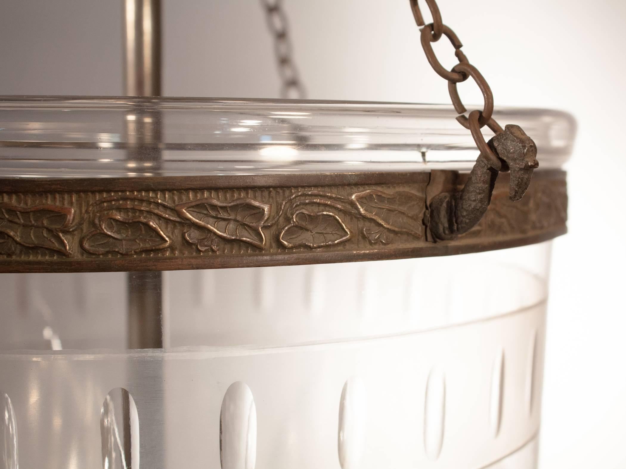 Antique Bell Jar Lantern with Etched Leaf Motif In Good Condition In Heath, MA