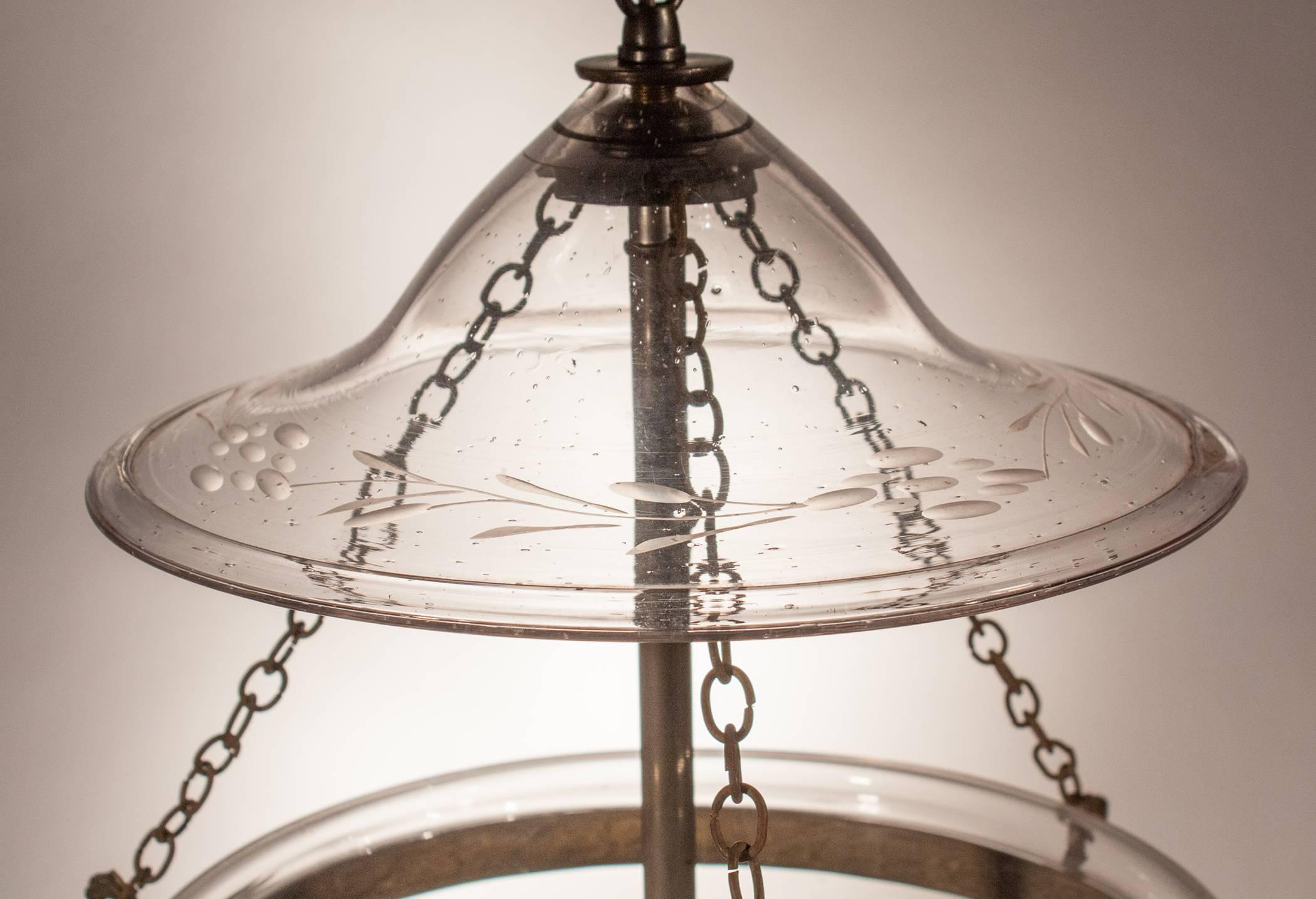 19th Century Antique Bell Jar Lantern with Etched Leaf Motif