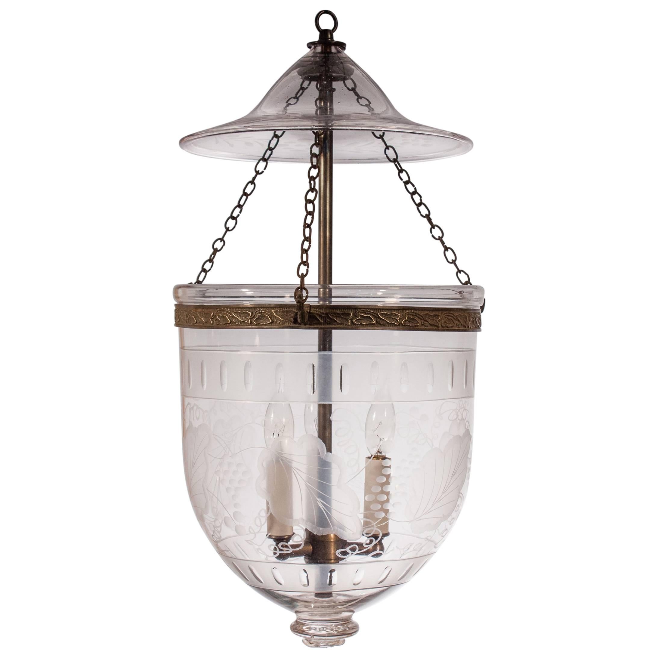 Antique Bell Jar Lantern with Etched Leaf Motif