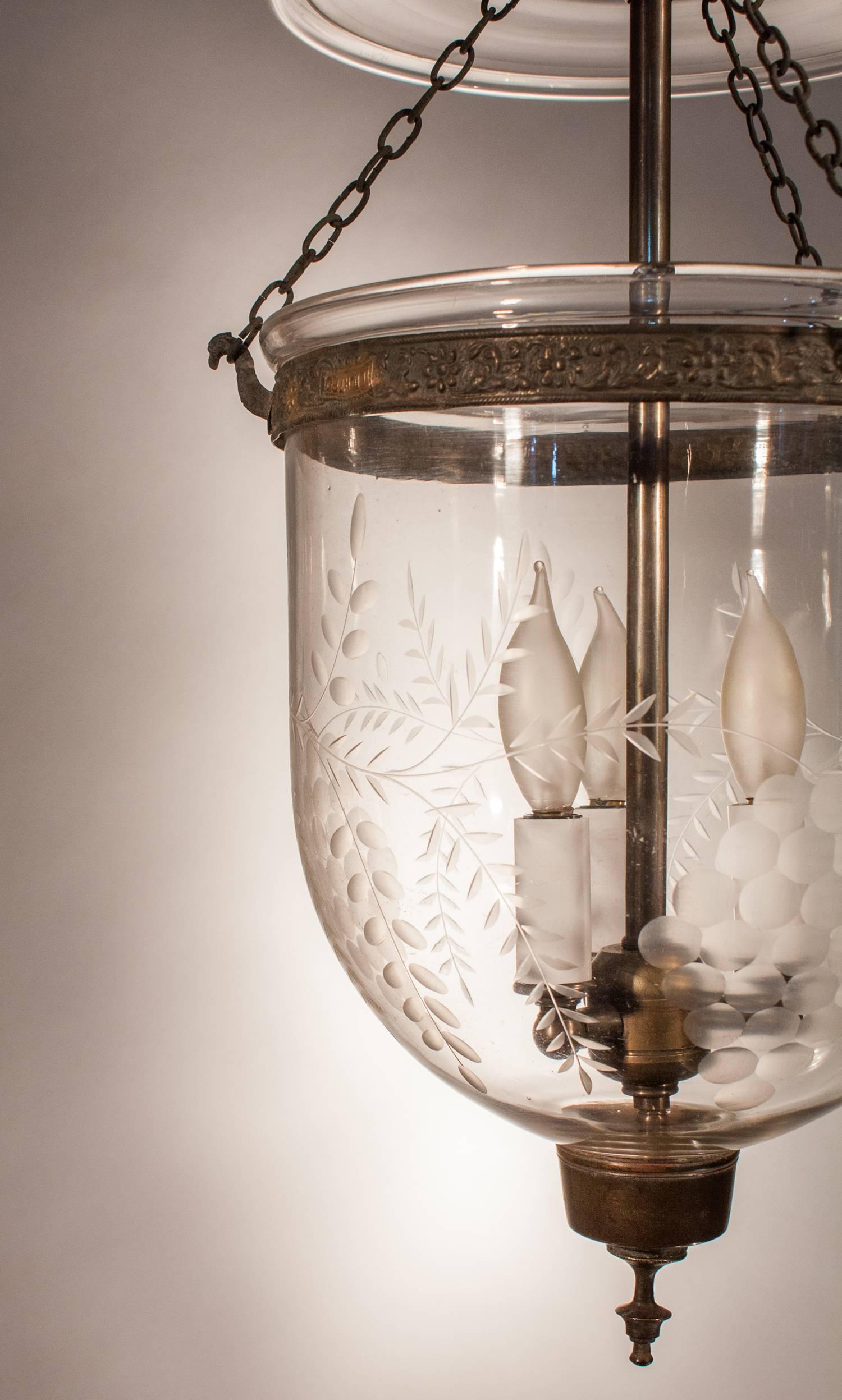 English Bell Jar Lantern with Grape Etching In Excellent Condition In Heath, MA