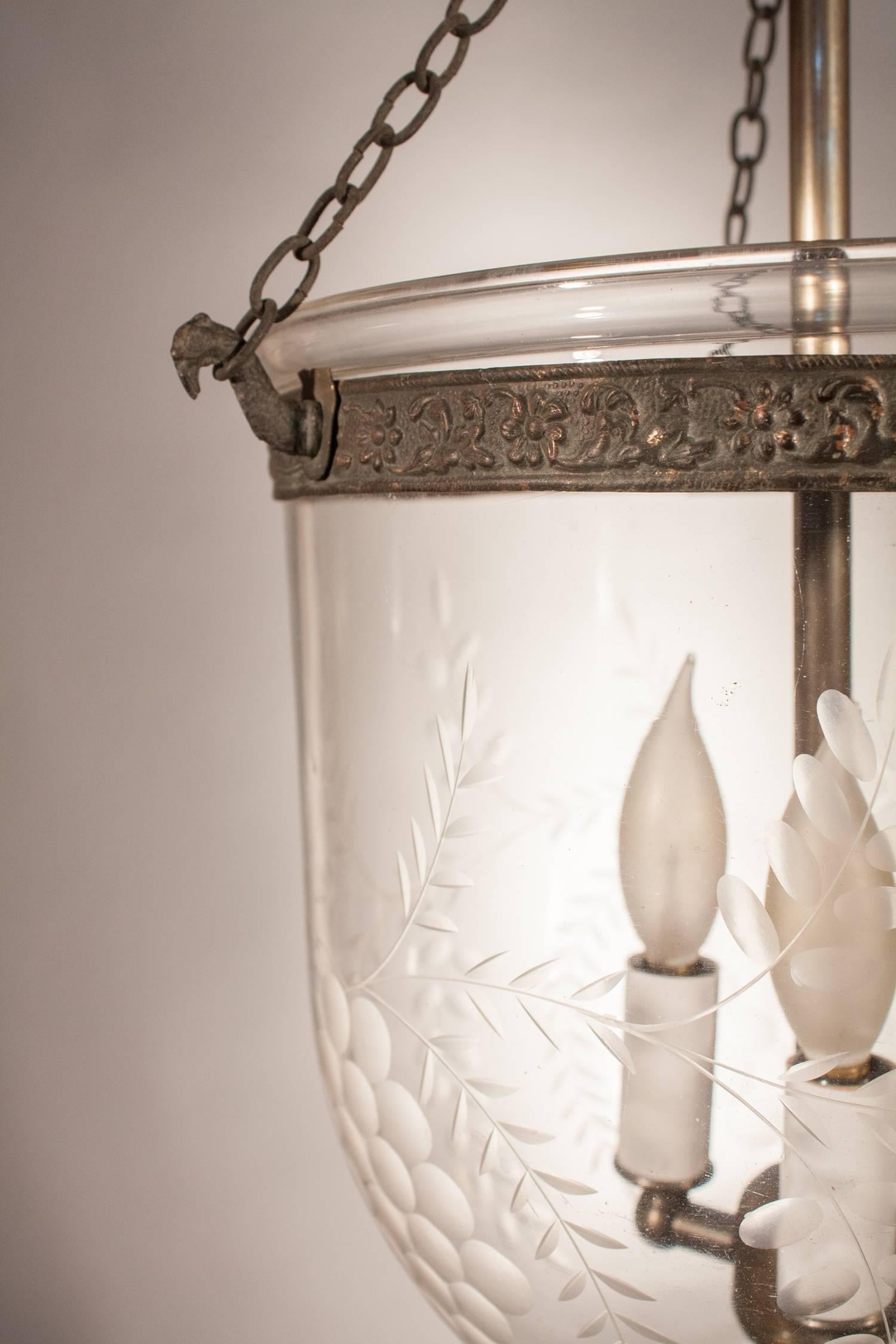 19th Century English Bell Jar Lantern with Grape Etching