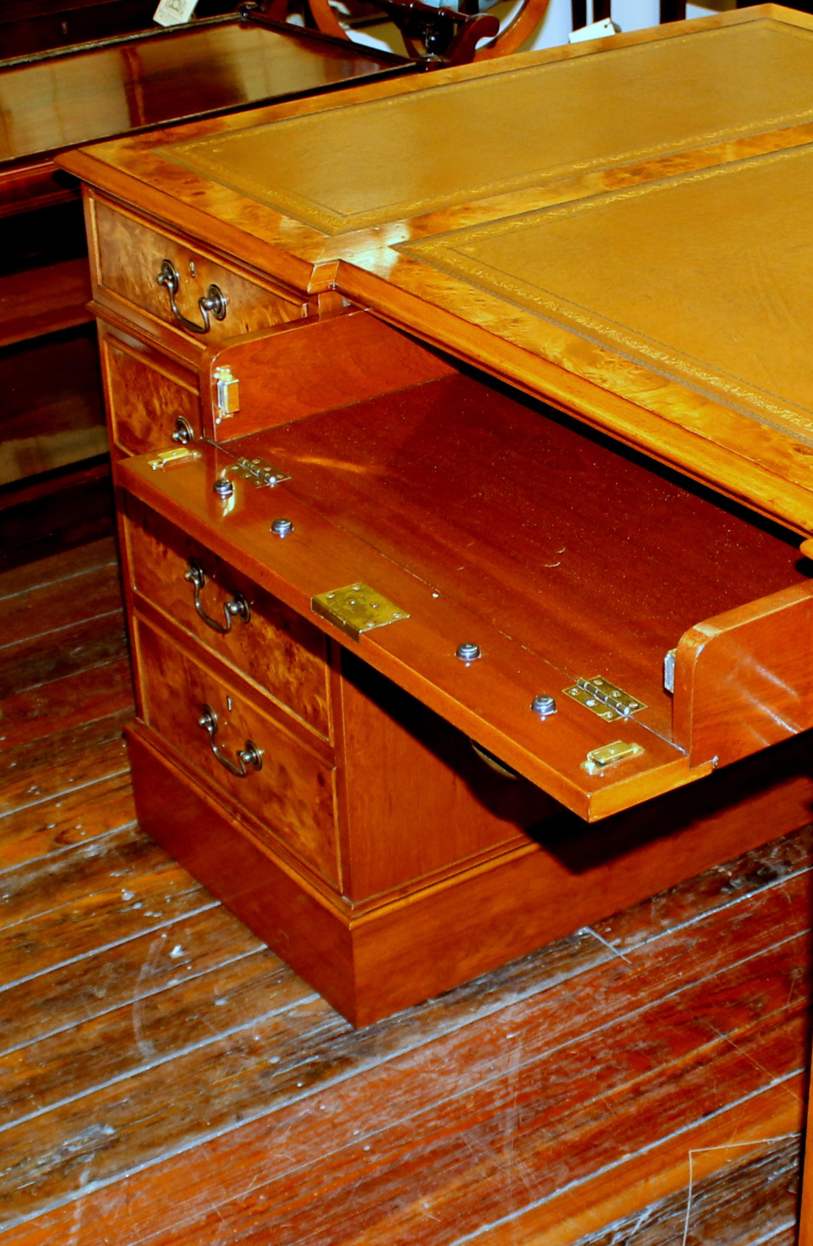 English Bench Made Burr Elm Chippendale Style Pedestal Partner's Desk 5