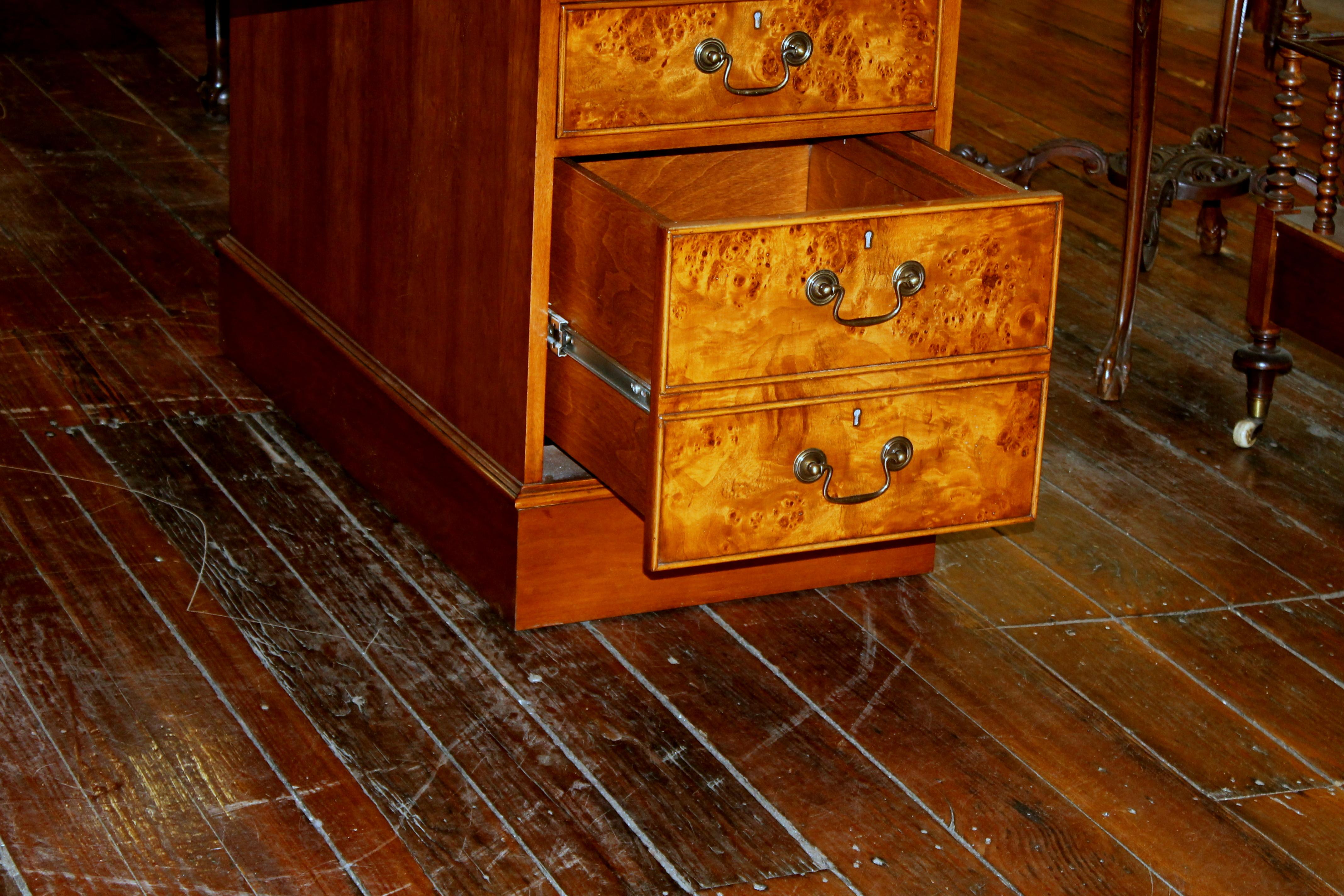 English Bench Made Burr Elm Chippendale Style Pedestal Partner's Desk For Sale 5