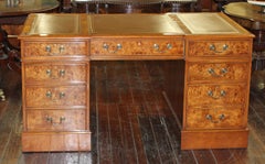 English Bench Made Burr Elm Chipp. Style Pedestal Partner's Desk with tan leathe