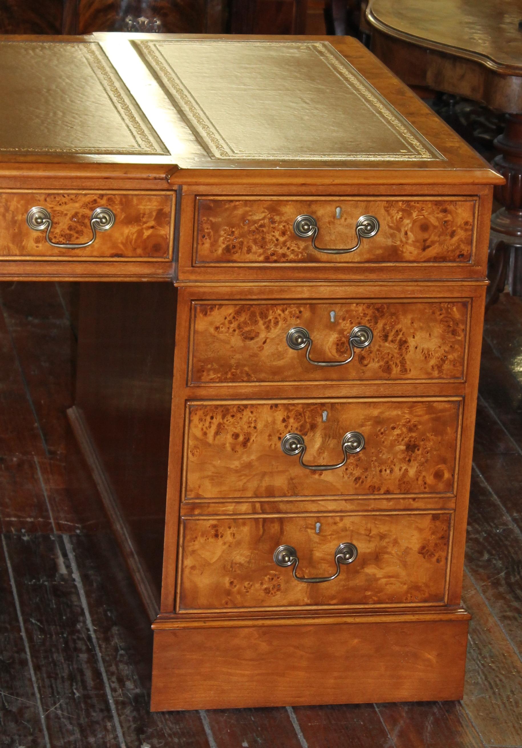 English Bench Made Burr Elm Chippendale Style Pedestal Partner's Desk 2