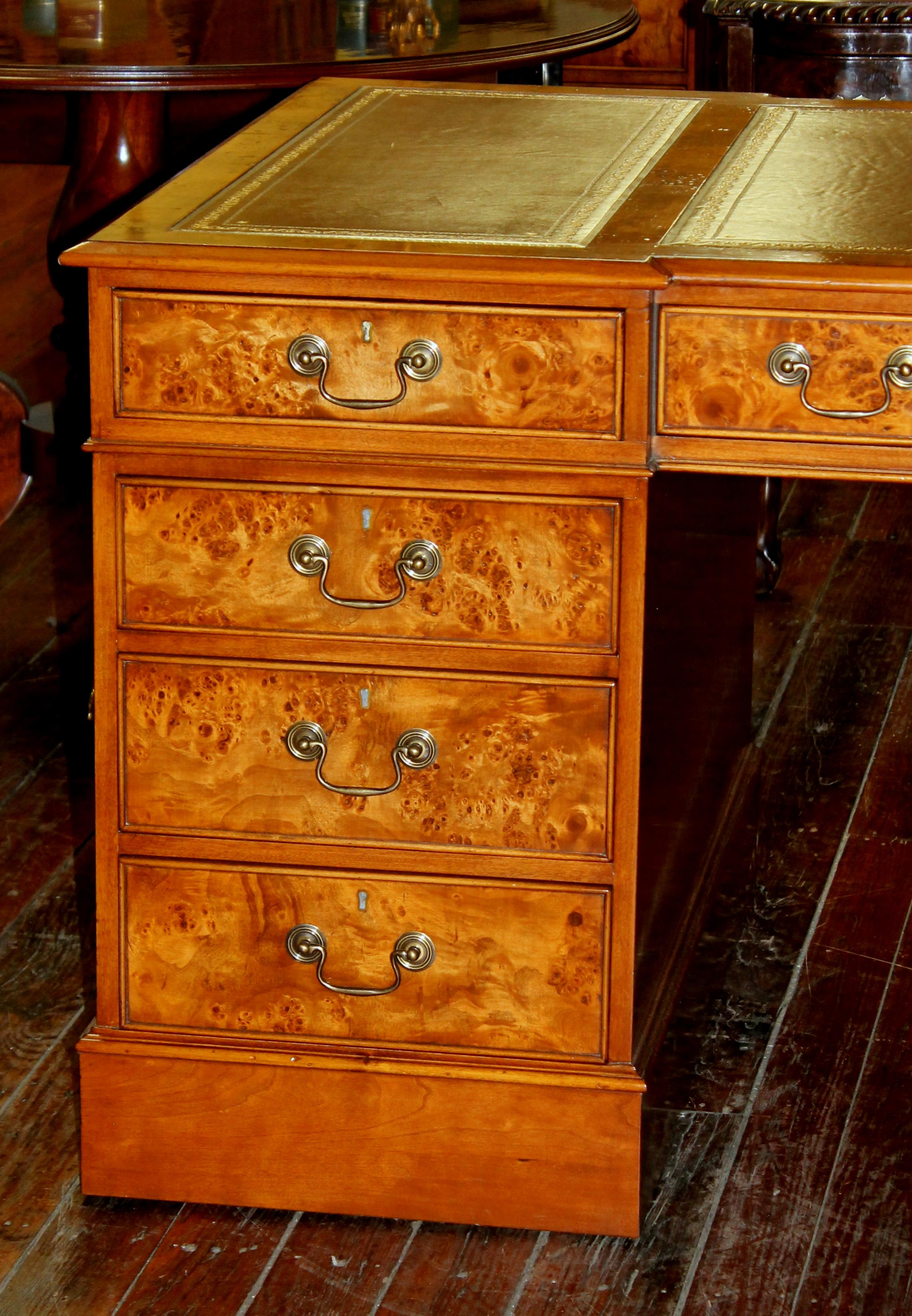 English Bench Made Burr Elm Chippendale Style Pedestal Partner's Desk 3