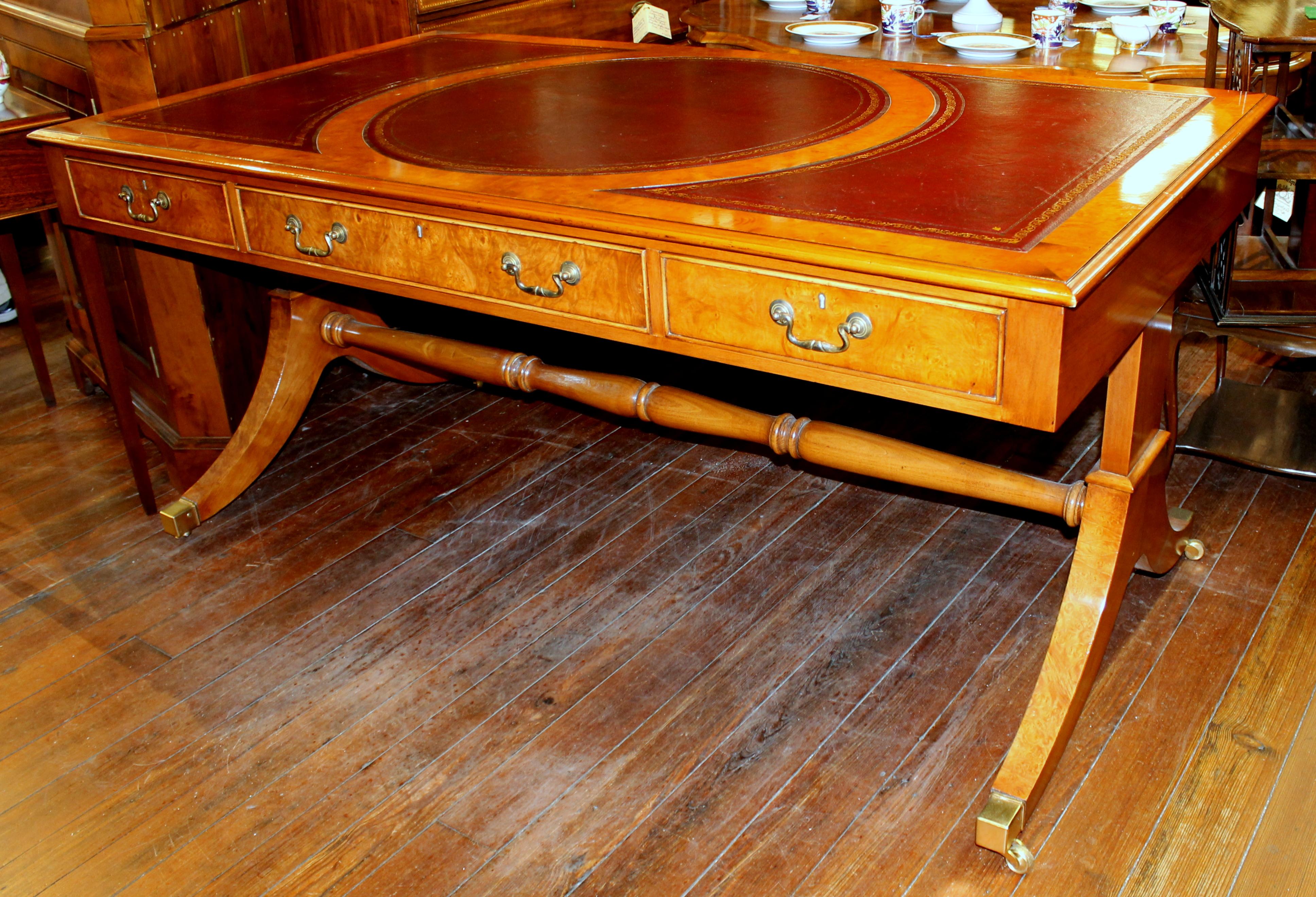 English Bench Made Burr Elm Regency Style Partner's Bureau Plat Writing Table In Excellent Condition In Charleston, SC
