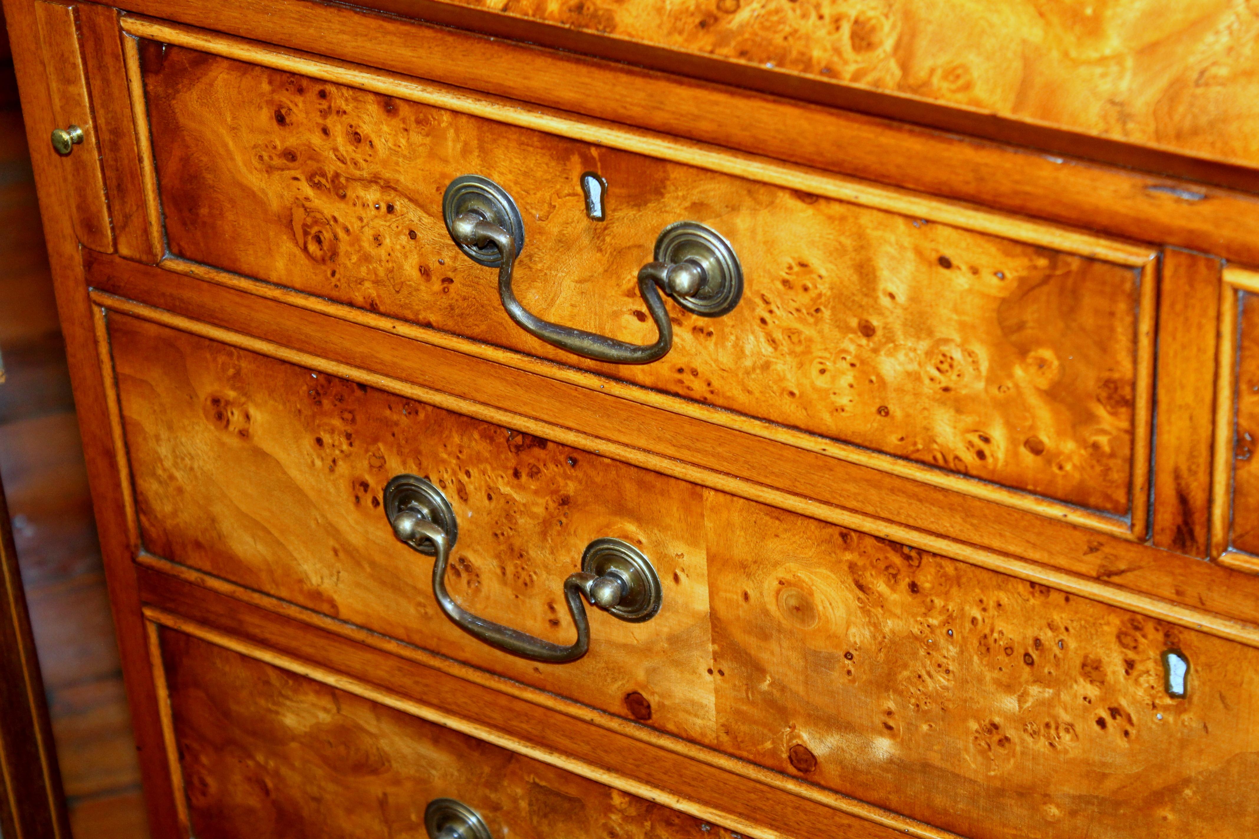 English Bench-Made Inlaid Burr Elm Chippendale Style Bureau Bookcase/ Secretary 10