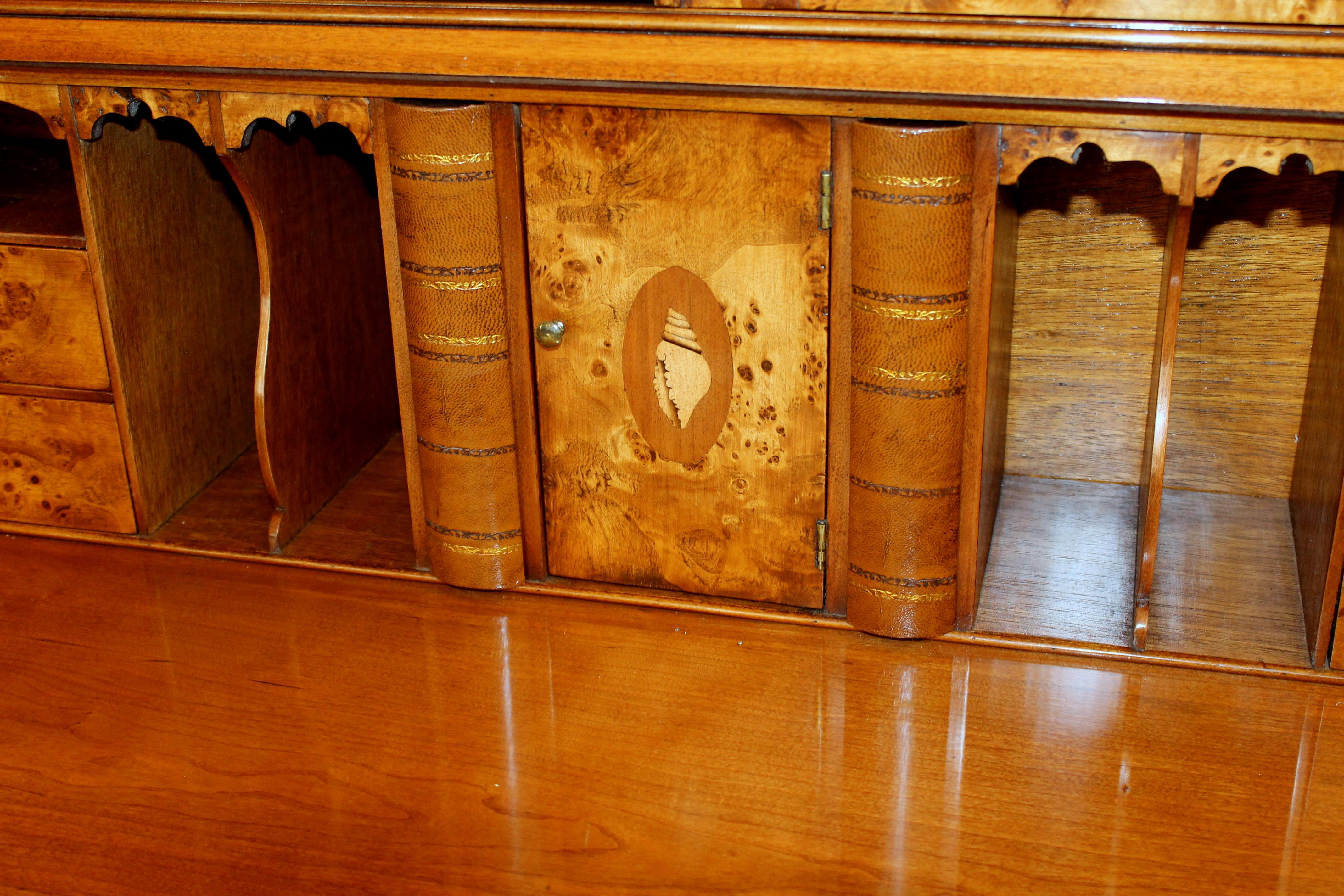 English Bench-Made Inlaid Burr Elm Chippendale Style Bureau Bookcase/ Secretary 13