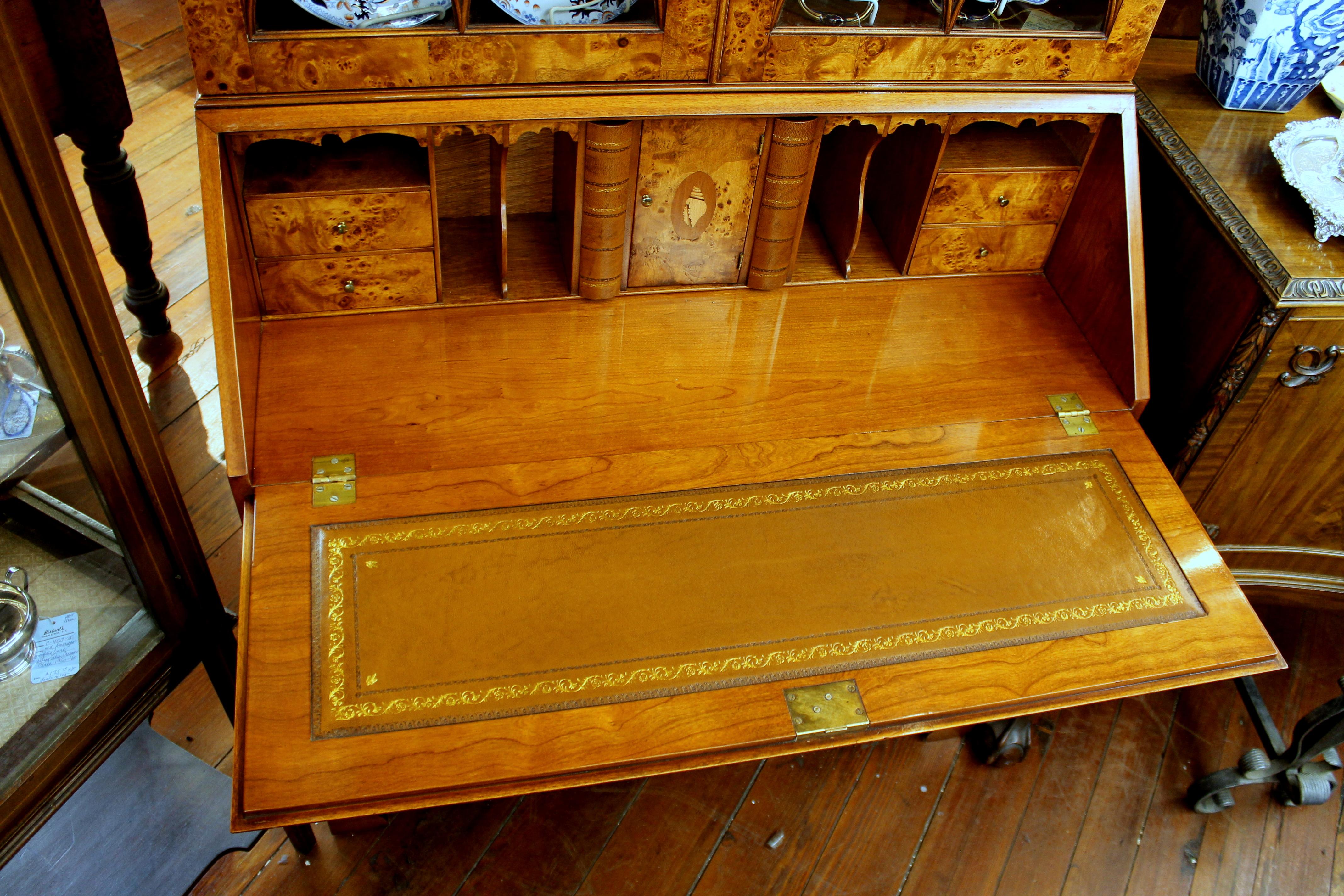 English Bench-Made Inlaid Burr Elm Chippendale Style Bureau Bookcase/ Secretary 14