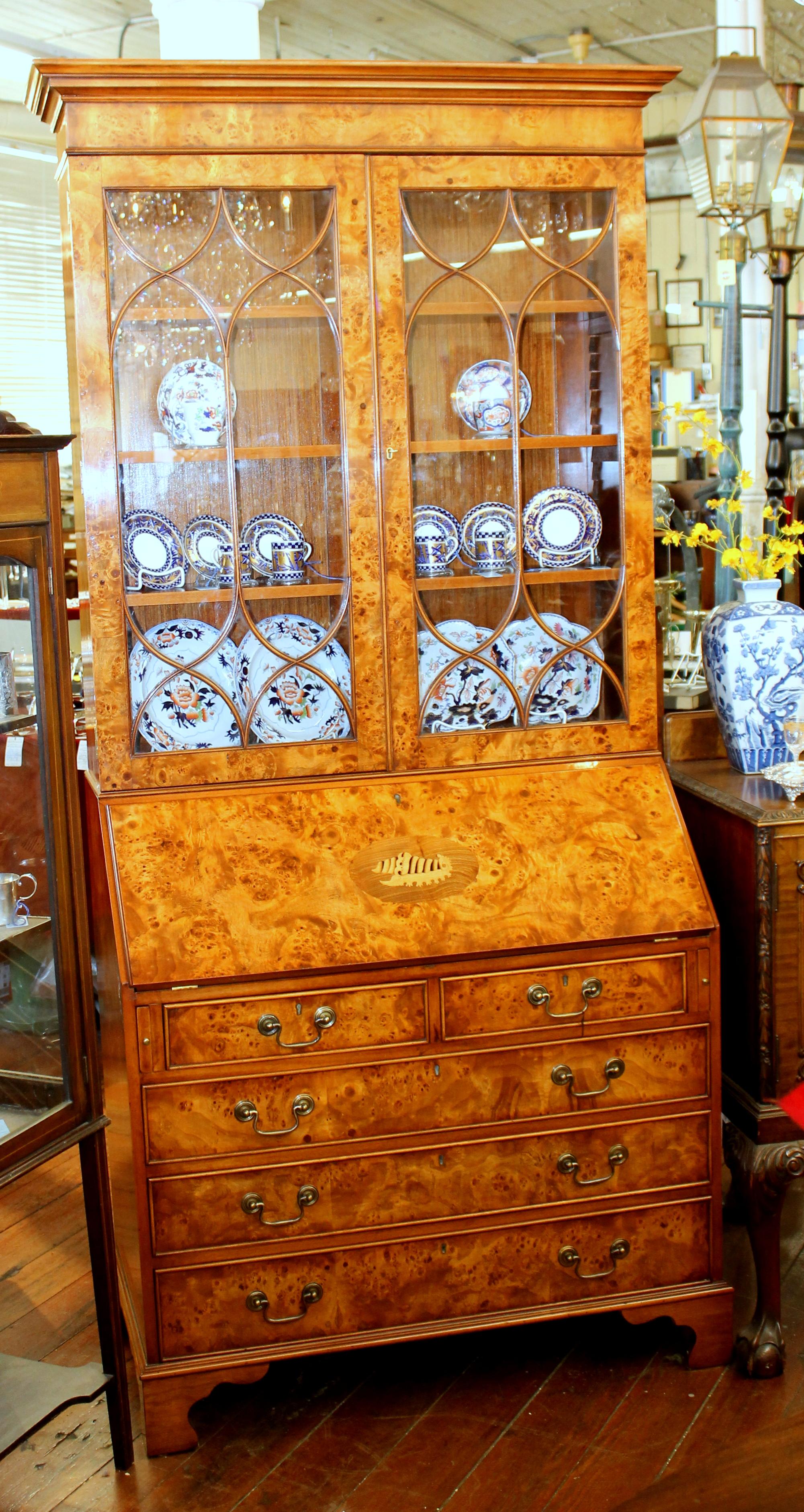 Exceptional quality English bench-made inlaid burr elm Chippendale style bureau bookcase/ secretary with handsome fitted interior and leather surface

Please note fabulous burr elm veneers sweated from old furniture. Also note the handsome fitted